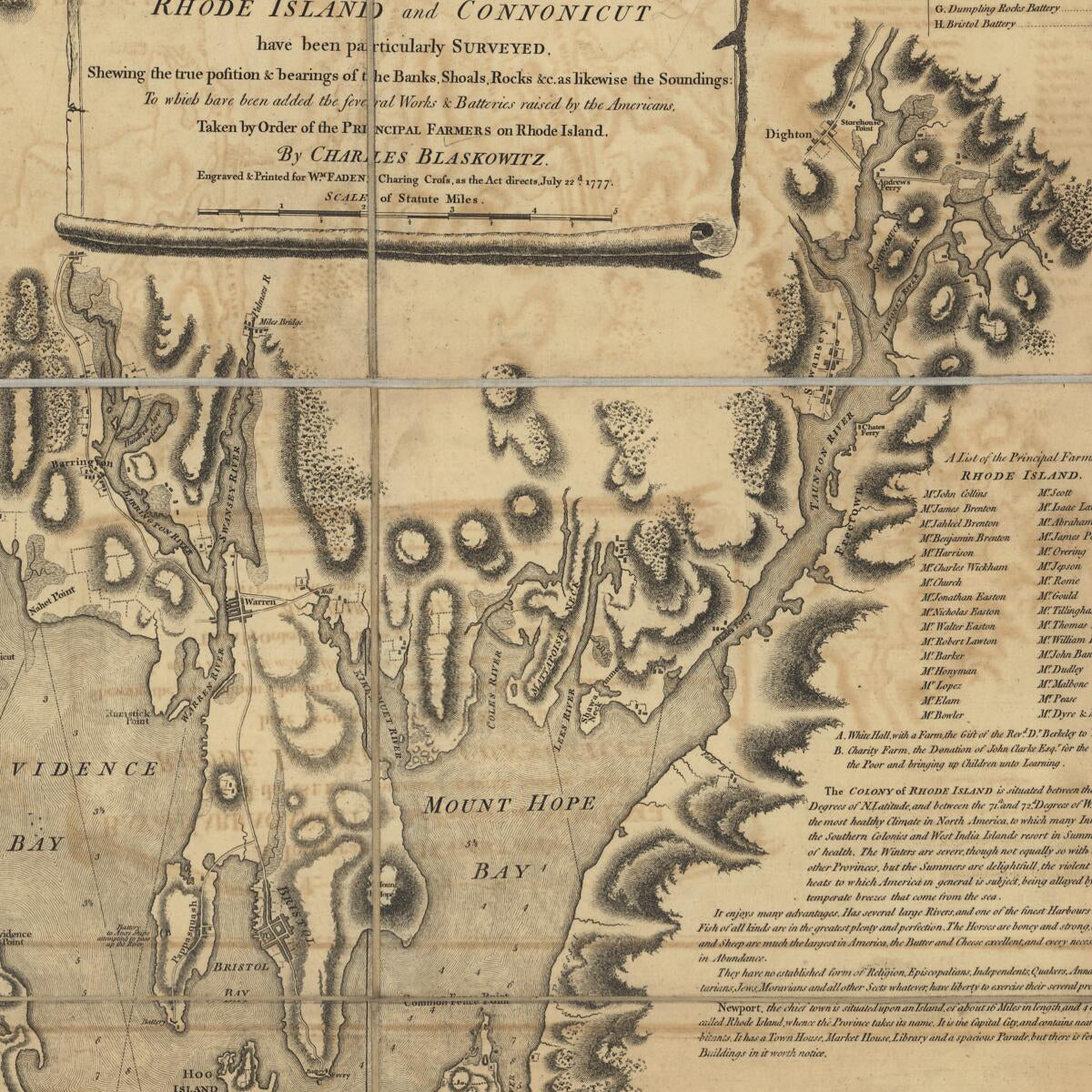This old map of A Topographical Chart of the Bay of Narraganset In the Province of New England, With All the Isles Contained Therein, Among Which Rhode Island and Connonicut Have Been Particularly Surveyed, Shewing the True Position & Bearings of the Ban