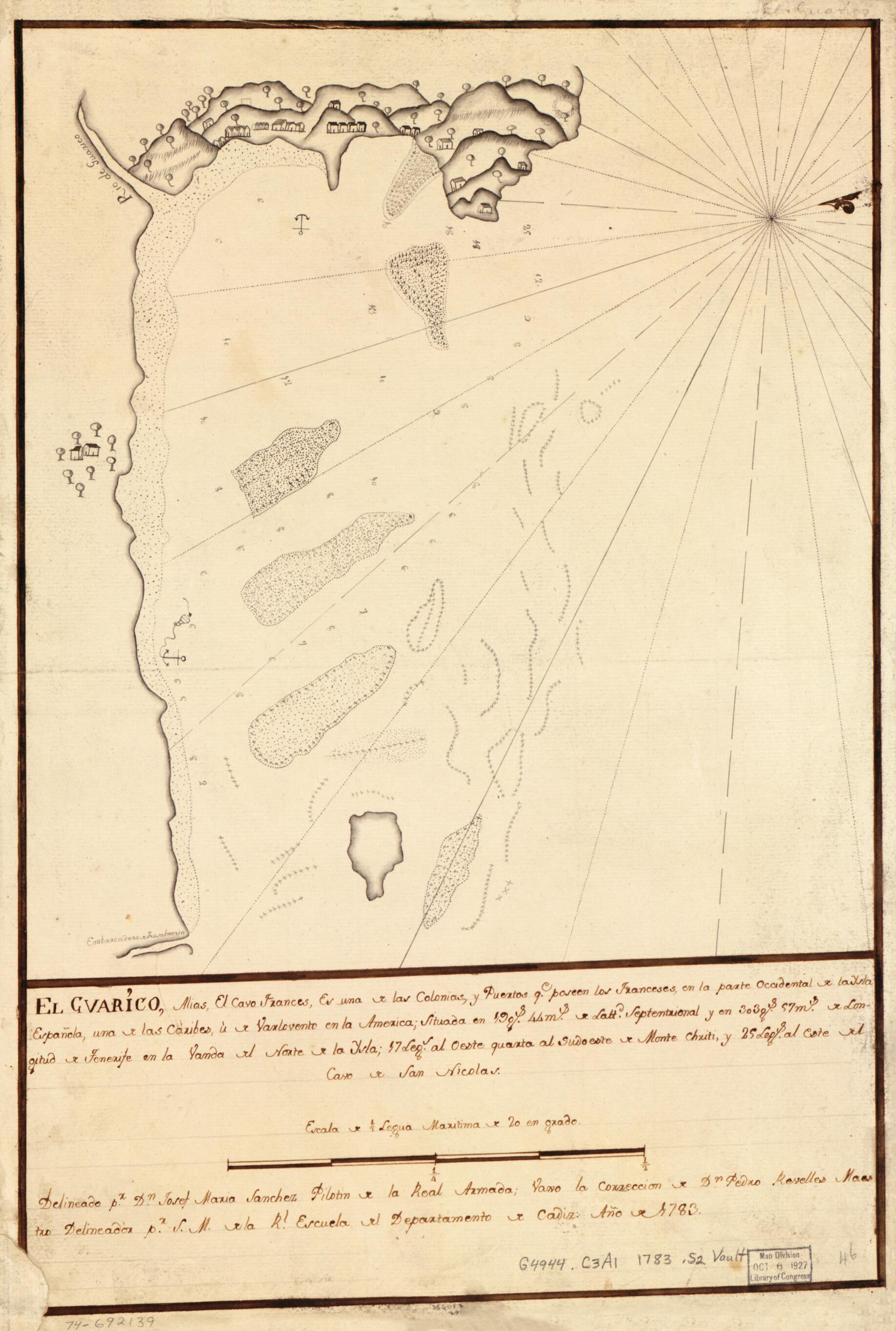 This old map of El Guarico, Alias, El Cavo Frances, Es Una De Las Colonias Y Puertos Qe. Poseen Los Franceses En La Parte Occidental De La Ysla Española Una De La Caribes U De Varlovento En La América, Situada En 19 Gs. 44 Ms. De Lattd. Septentrional Y