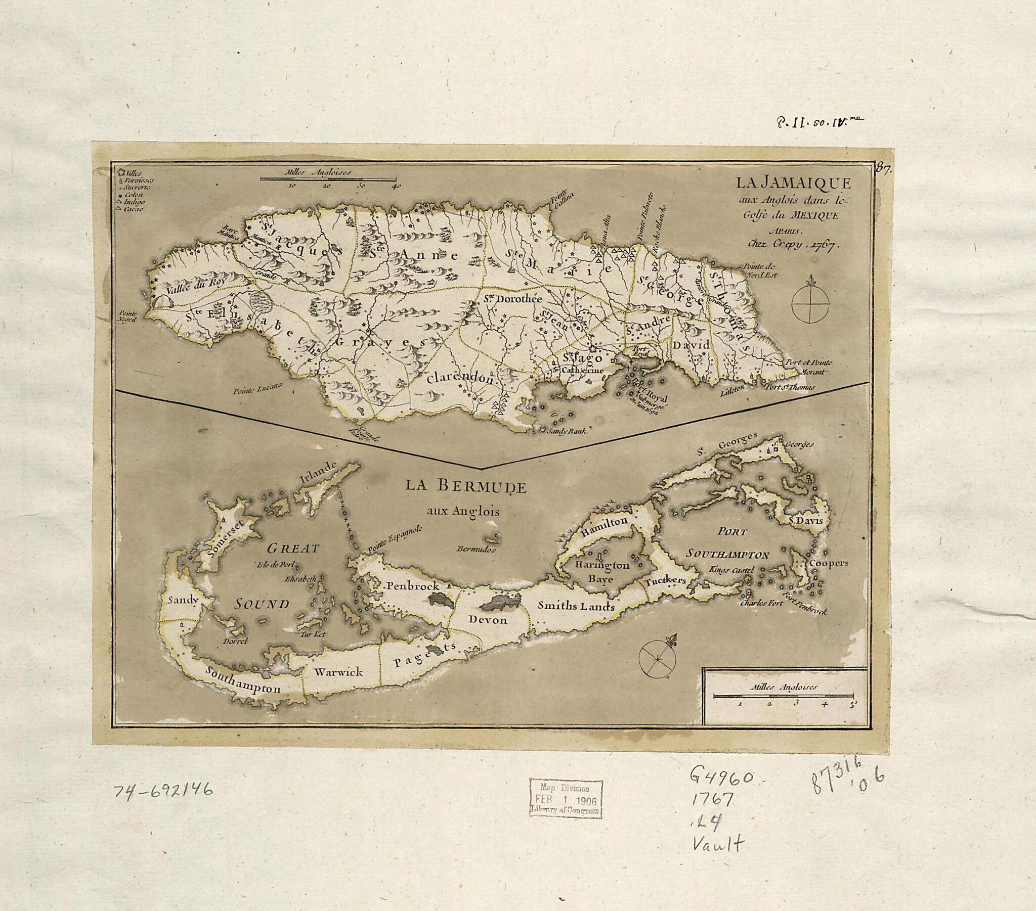 This old map of La Jamaique Aux Angolis Dans Le Golfe Du Mexique. La Bermude Aux Anglois from 1767 was created by Crépy (Firm), Louis in 1767