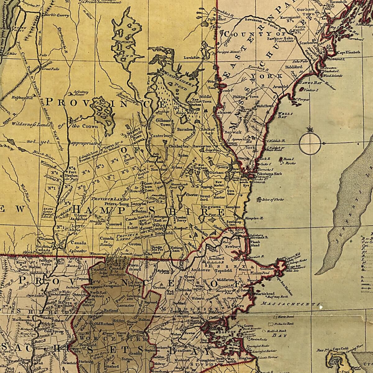 This old map of A Map of the Most Inhabited Part of New England, Containing the Provinces of Massachusets Bay and New Hampshire, With the Colonies of Conecticut and Rhode Island, Divided Into Counties and Townships: the Whole Composed from Actual Surveys