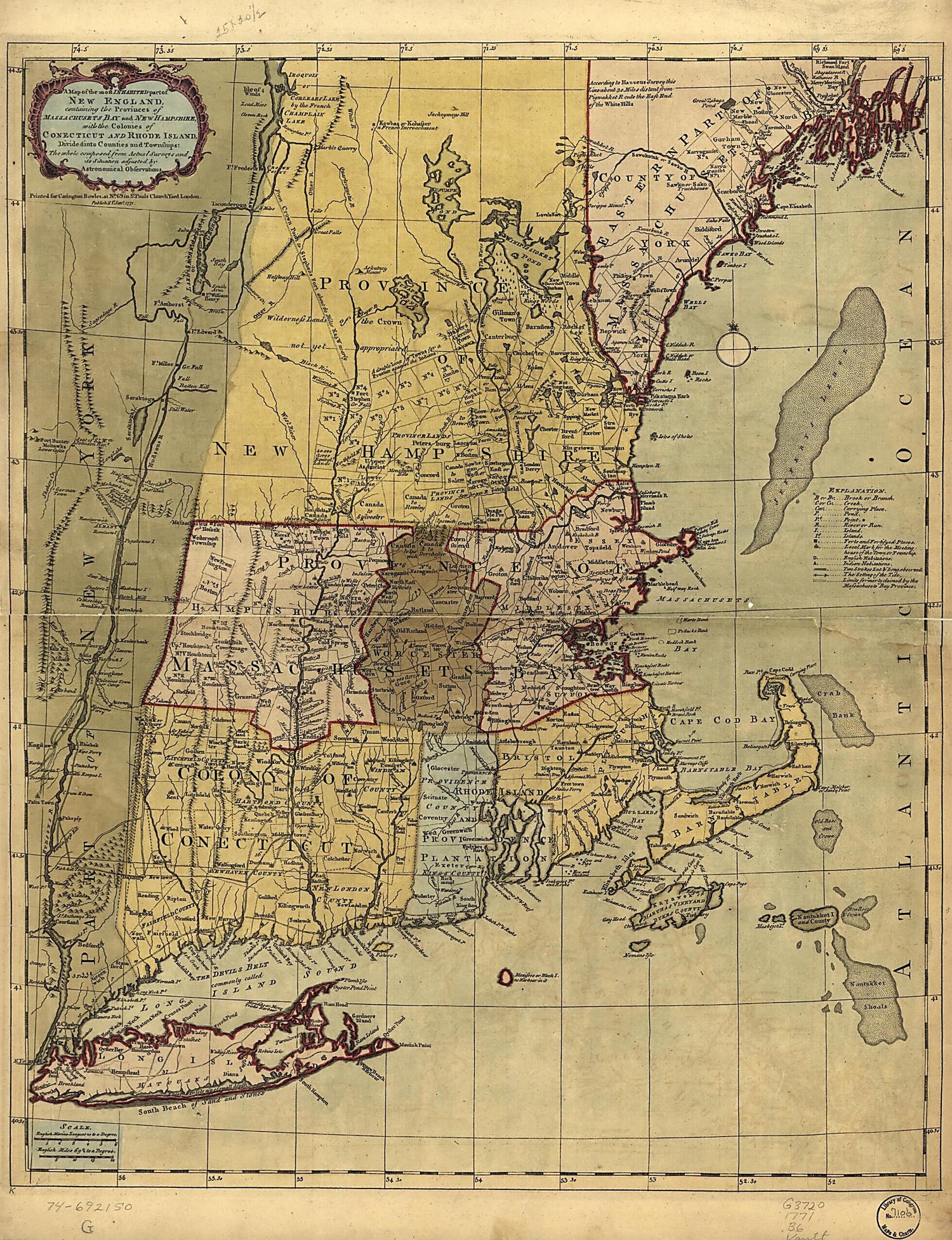 This old map of A Map of the Most Inhabited Part of New England, Containing the Provinces of Massachusets Bay and New Hampshire, With the Colonies of Conecticut and Rhode Island, Divided Into Counties and Townships: the Whole Composed from Actual Surveys