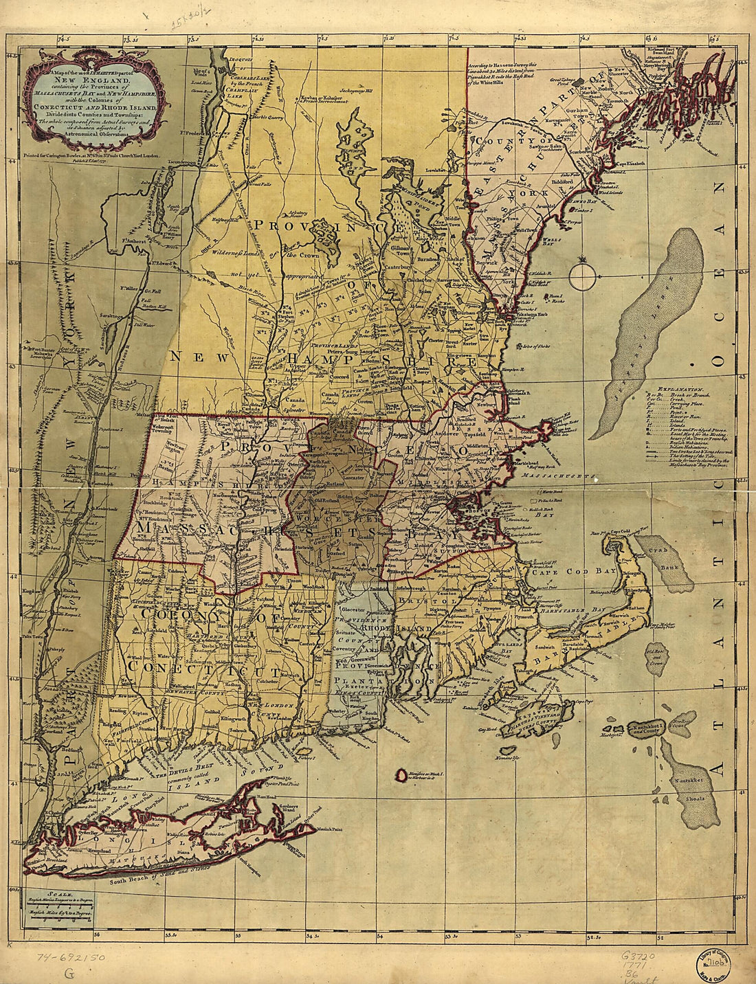 This old map of A Map of the Most Inhabited Part of New England, Containing the Provinces of Massachusets Bay and New Hampshire, With the Colonies of Conecticut and Rhode Island, Divided Into Counties and Townships: the Whole Composed from Actual Surveys