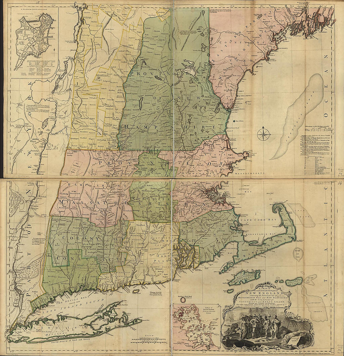 This old map of A Map of the Most Inhabited Part of New England, Containing the Provinces of Massachusets Bay and New Hampshire, With the Colonies of Conecticut and Rhode Island, Divided Into Counties and Townships: the Whole Composed from Actual Surveys