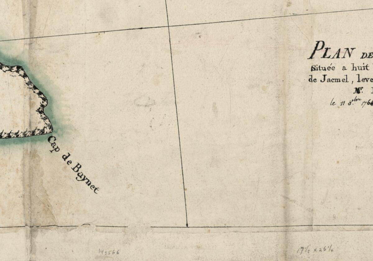 This old map of Plan De La Baye De Baynet, Situeé a Hiut Leiues Sous Le Vent De Celle De Jacmel, Levé Suivant Les Ordres De Mr. D&