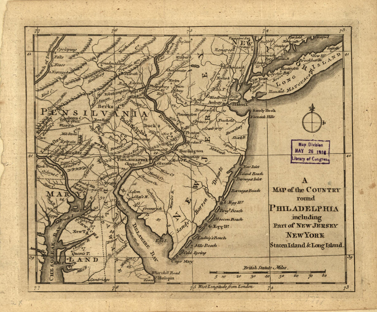 A Map of the Country Round Philadelphia Including Part of New Jersey, New York, Staten Island, & Long Island 1776 by Relic Map Company