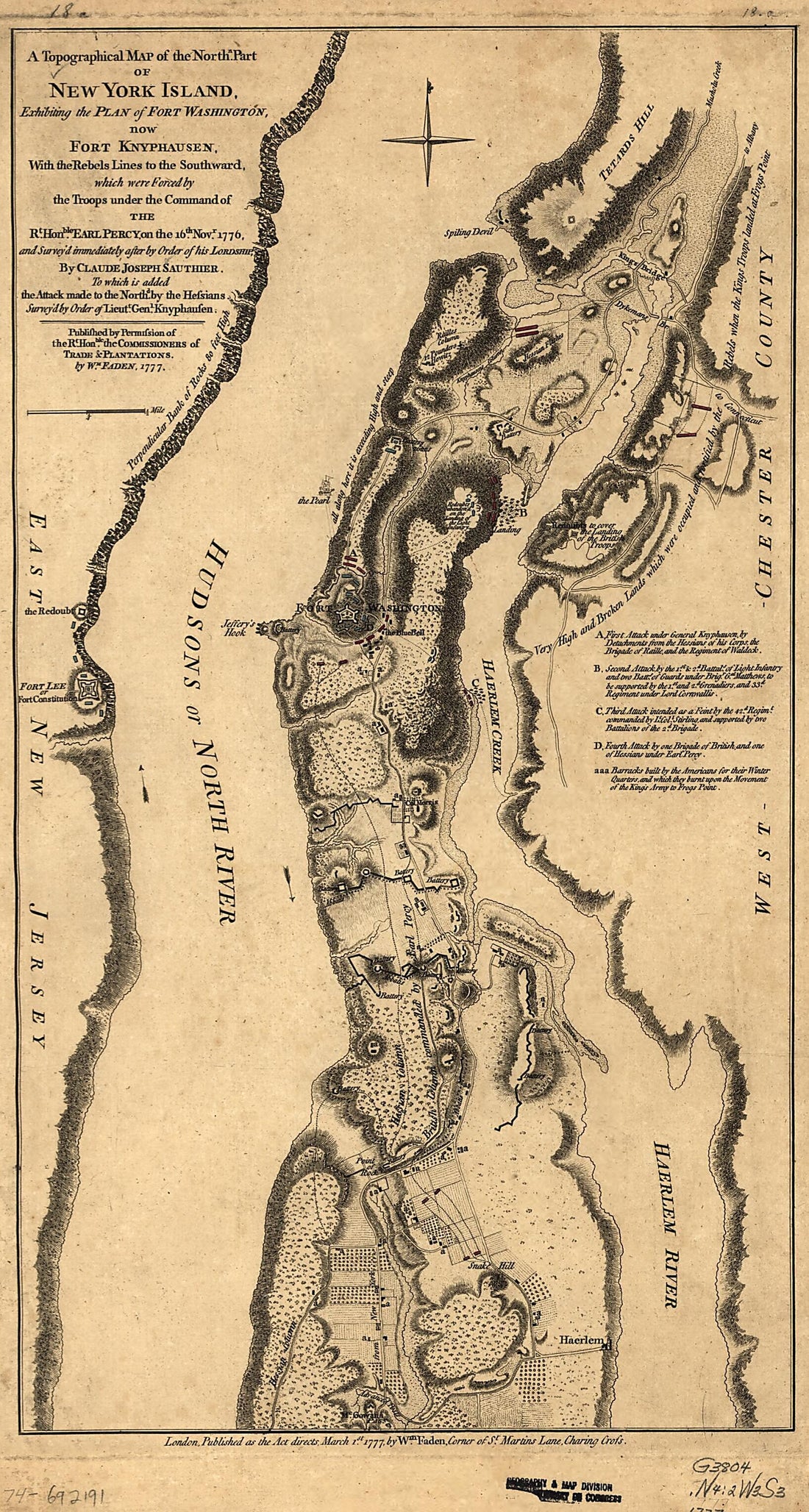 This old map of A Topographical Map of the Northn. Part of New York Island, Exhibiting the Plan of Fort Washington, Now Fort Knyphausen, With the Rebels Lines to the Southward, Which Were Forced by the Troops Under the Command of the Rt. Honble. Earl Per