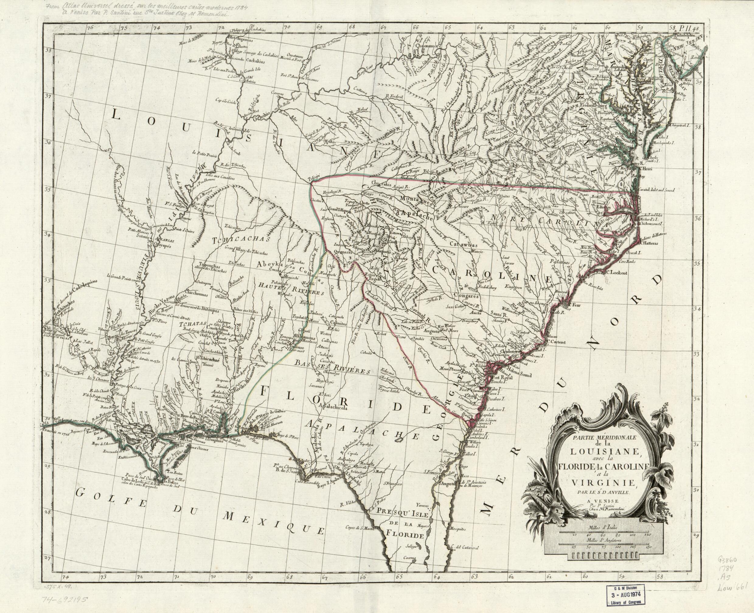 This old map of Partie Méridionale De La Louisiane, Avec La Floride, La Caroline Et La Virginie from 1784 was created by Jean Baptiste Bourguignon D Anville, Remondini (Firm), P. Santini in 1784