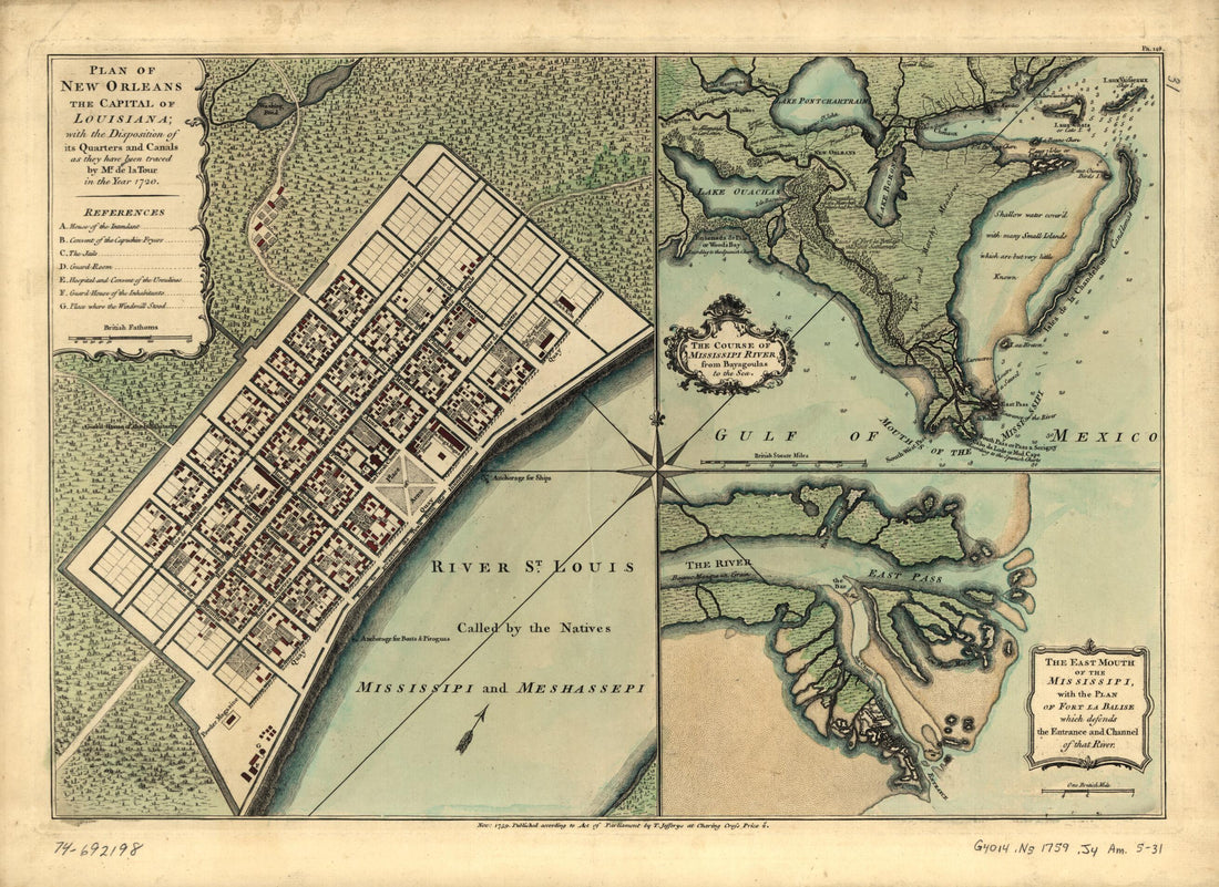 This old map of Plan of New Orleans the Capital of Louisiana; With the Disposition of Its Quarters and Canals As They Have Been Traced by Mr. De La Tour In the Year 1720 from 1759 was created by Louis Brion De La Tour, Thomas Jefferys in 1759
