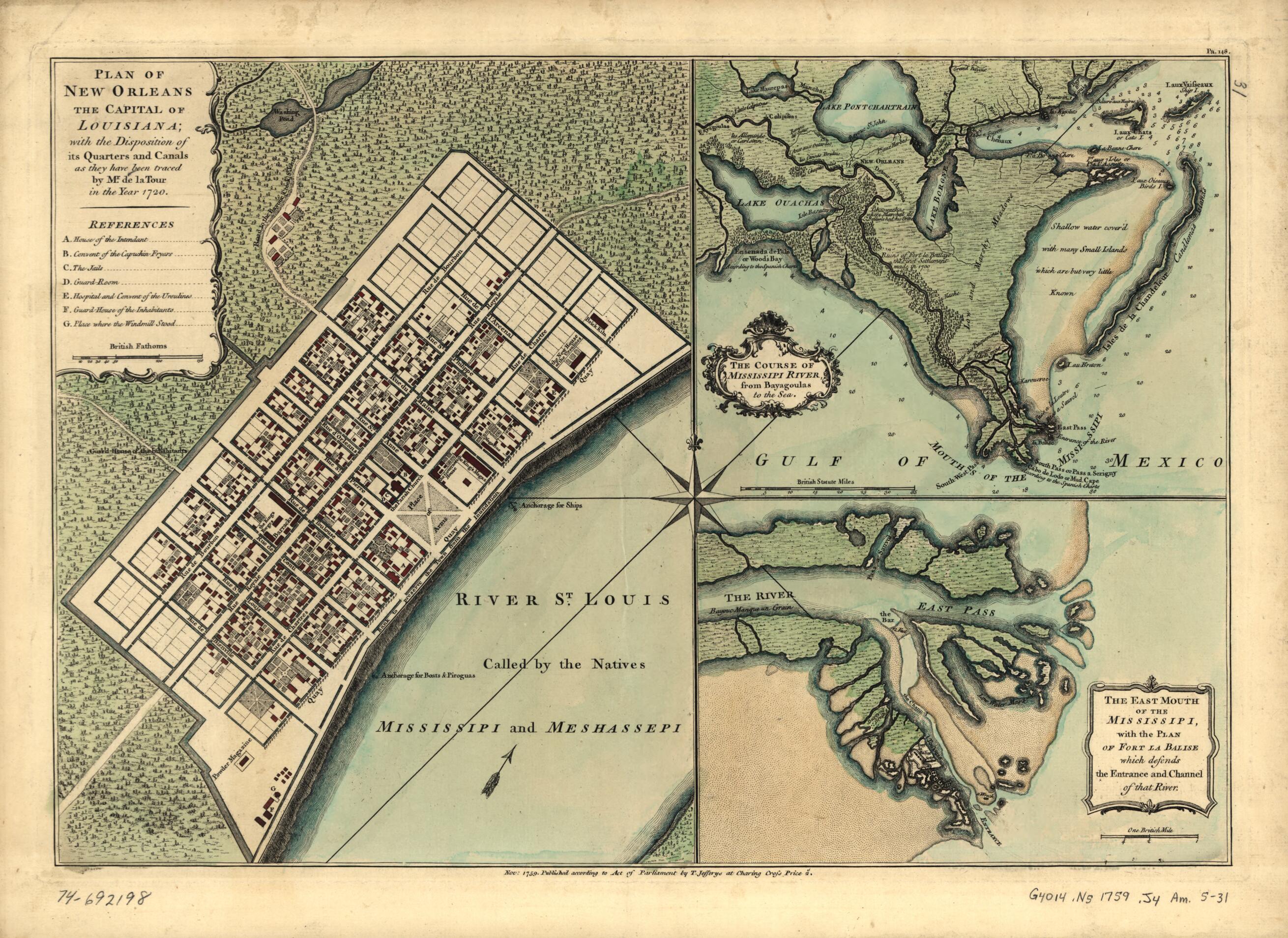 This old map of Plan of New Orleans the Capital of Louisiana; With the Disposition of Its Quarters and Canals As They Have Been Traced by Mr. De La Tour In the Year 1720 from 1759 was created by Louis Brion De La Tour, Thomas Jefferys in 1759