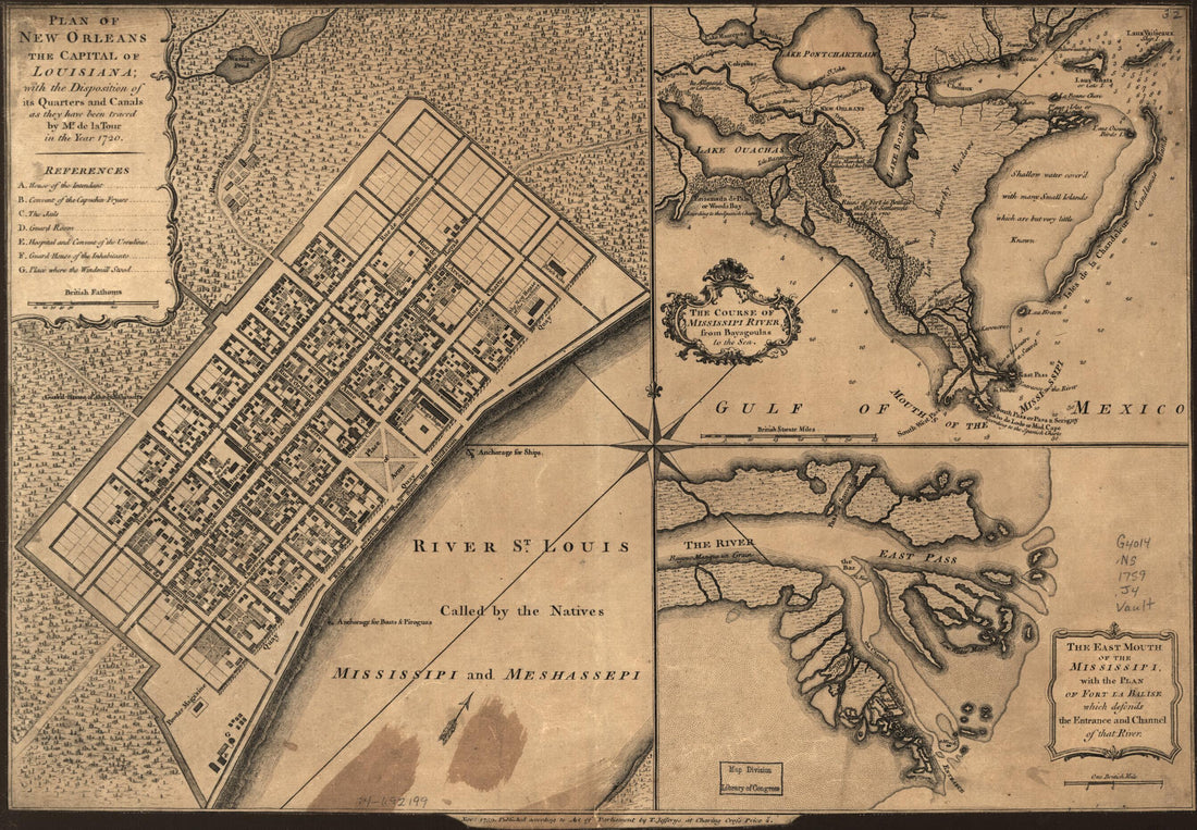 This old map of Plan of New Orleans the Capital of Louisiana; With the Disposition of Its Quarters and Canals As They Have Been Traced by Mr. De La Tour In the Year 1720 from 1759 was created by Louis Brion De La Tour, Thomas Jefferys in 1759