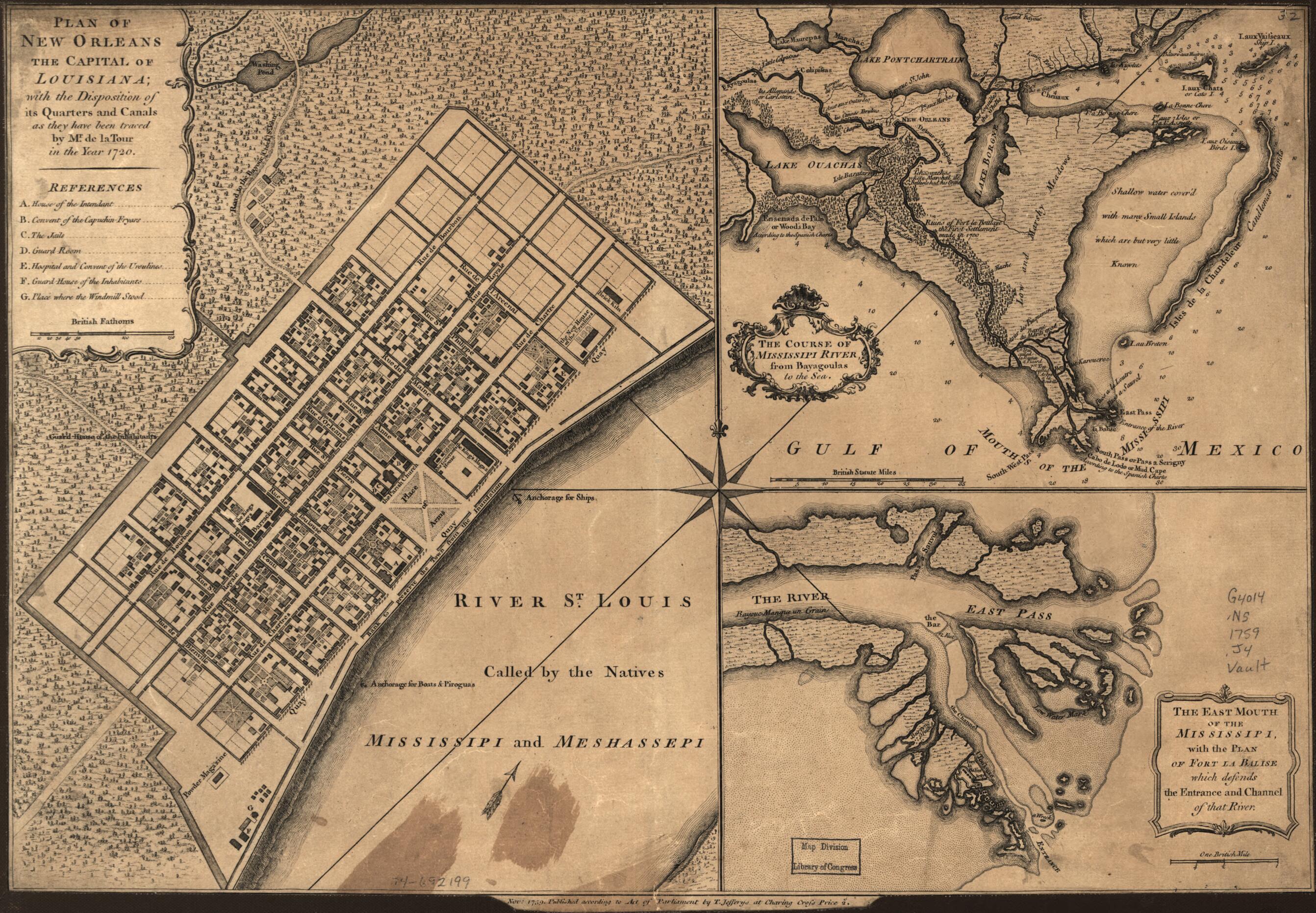 This old map of Plan of New Orleans the Capital of Louisiana; With the Disposition of Its Quarters and Canals As They Have Been Traced by Mr. De La Tour In the Year 1720 from 1759 was created by Louis Brion De La Tour, Thomas Jefferys in 1759
