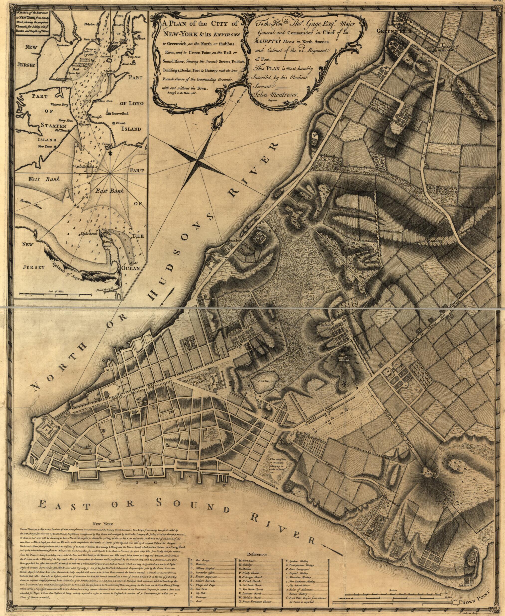 This old map of York & Its Environs to Greenwich, On the North Or Hudsons River, and to Crown Point, On the East Or Sound River, Shewing the Several Streets, Publick Buildings, Docks, Fort & Battery, With the True Form & Course of the Commanding Grounds,