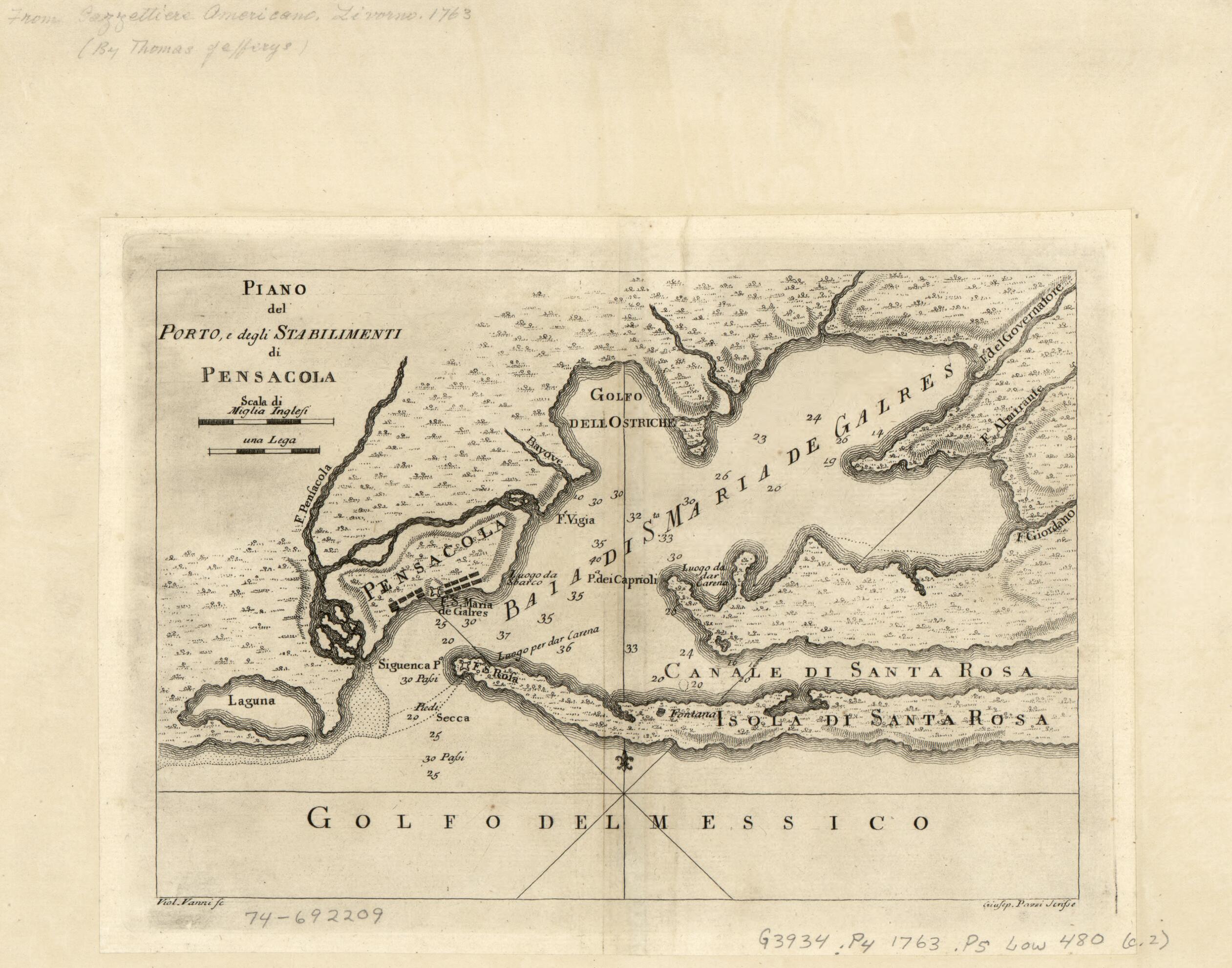 This old map of Piano Del Porto, E Degli Stabilimenti Di Pensacola from 1763 was created by Giuseppe Pazzi, Violante Vanni in 1763
