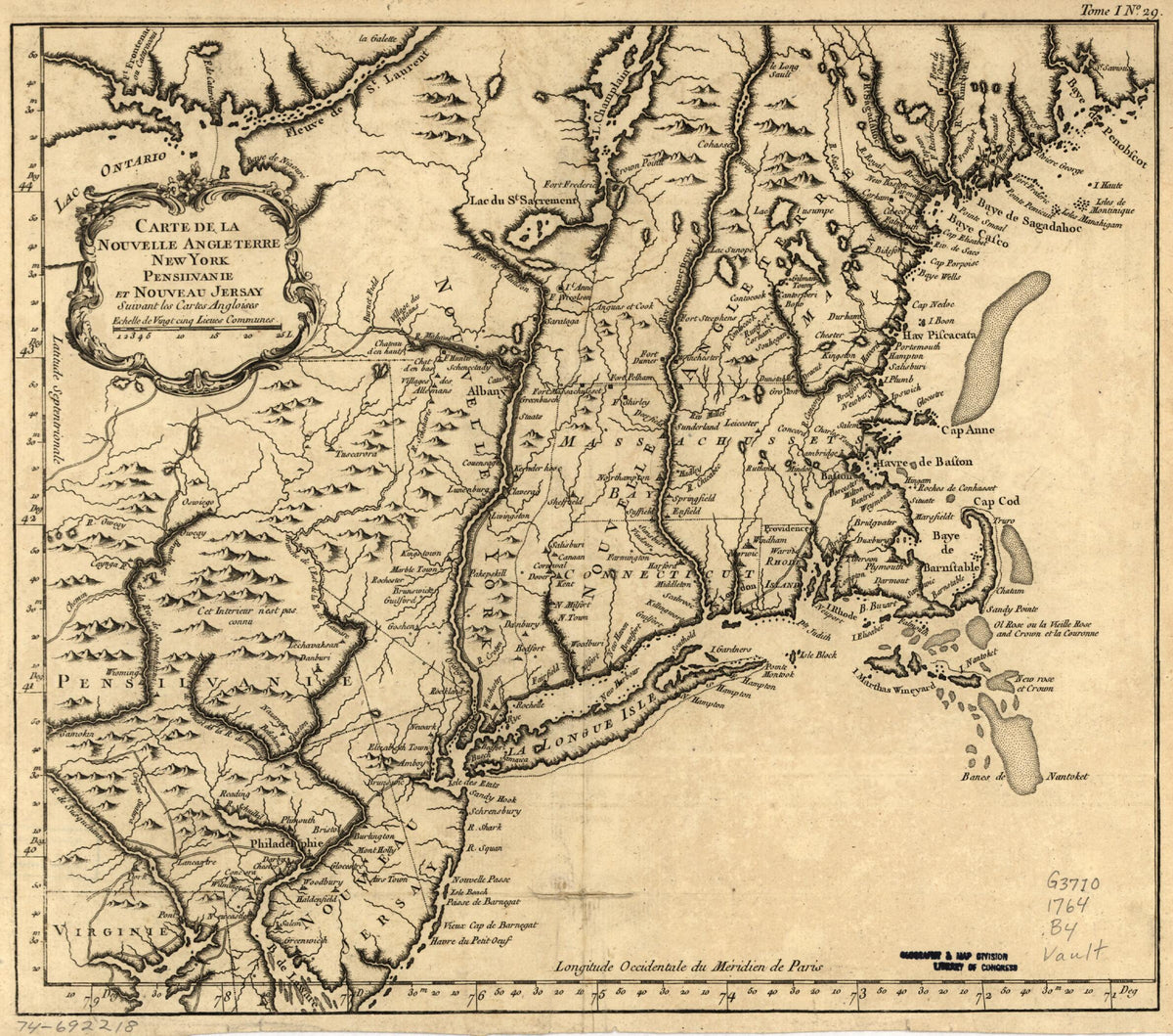 Carte De La Nouvelle Angleterre, New York, Pensilvanie Et Nouveau Jersay Suivant Les Cartes Angloises 1764 by Relic Map Company