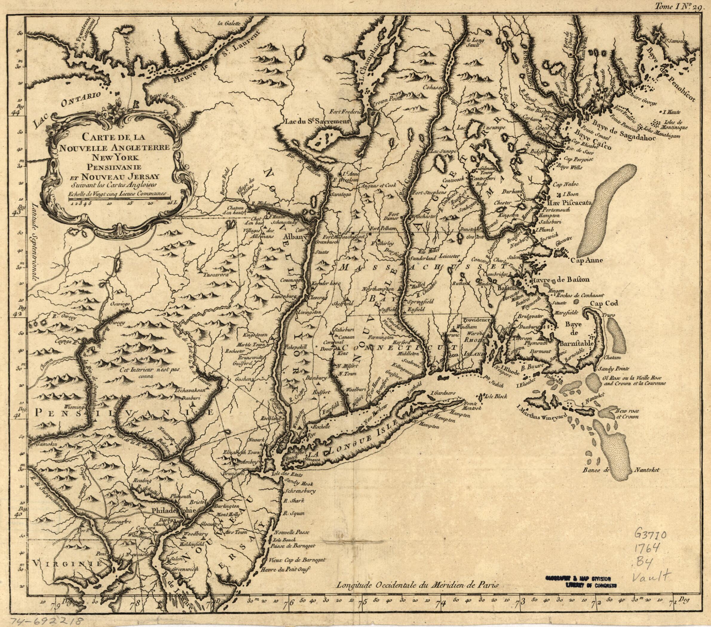 This old map of Carte De La Nouvelle Angleterre, New York, Pensilvanie Et Nouveau Jersay Suivant Les Cartes Angloises from 1764 was created by Jacques Nicolas Bellin in 1764