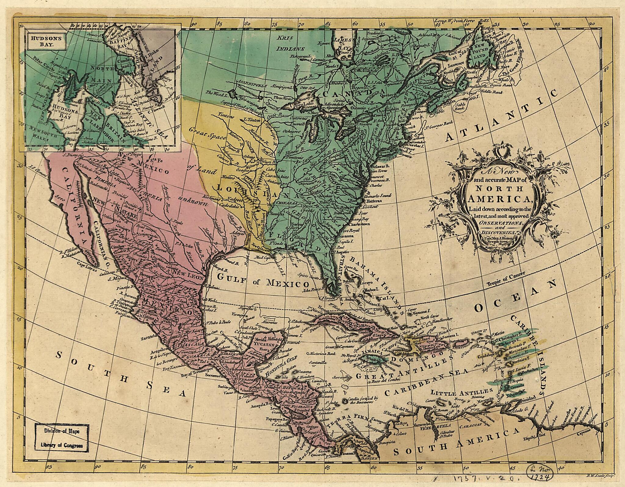 This old map of A New and Accurate Map of North America, Laid Down According to the Latest, and Most Approved Observations and Discoveries from 1763 was created by John Hinton, Richard William Seale in 1763