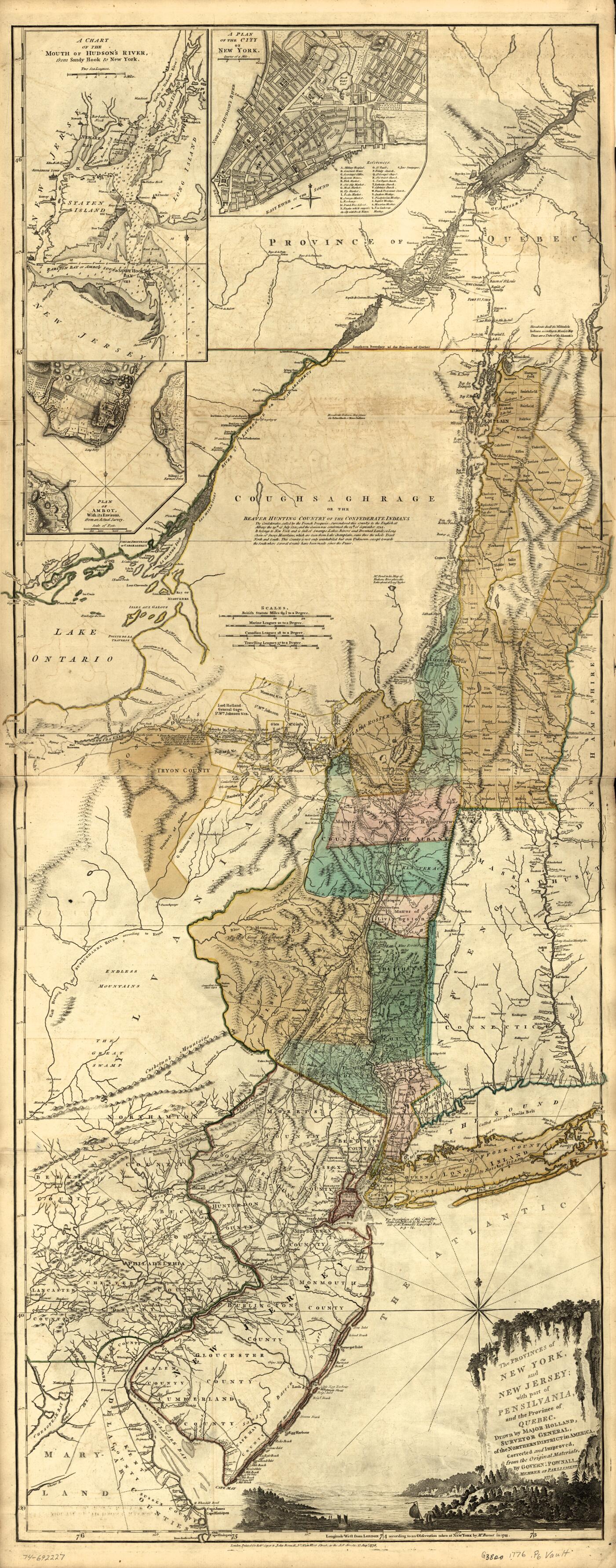 This old map of The Provinces of New York and New Jersey; With Part of Pensilvania, and the Province of Quebec from 1776 was created by Samuel Holland, Thomas Pownall, Robert Sayer and John Bennett (Firm) in 1776