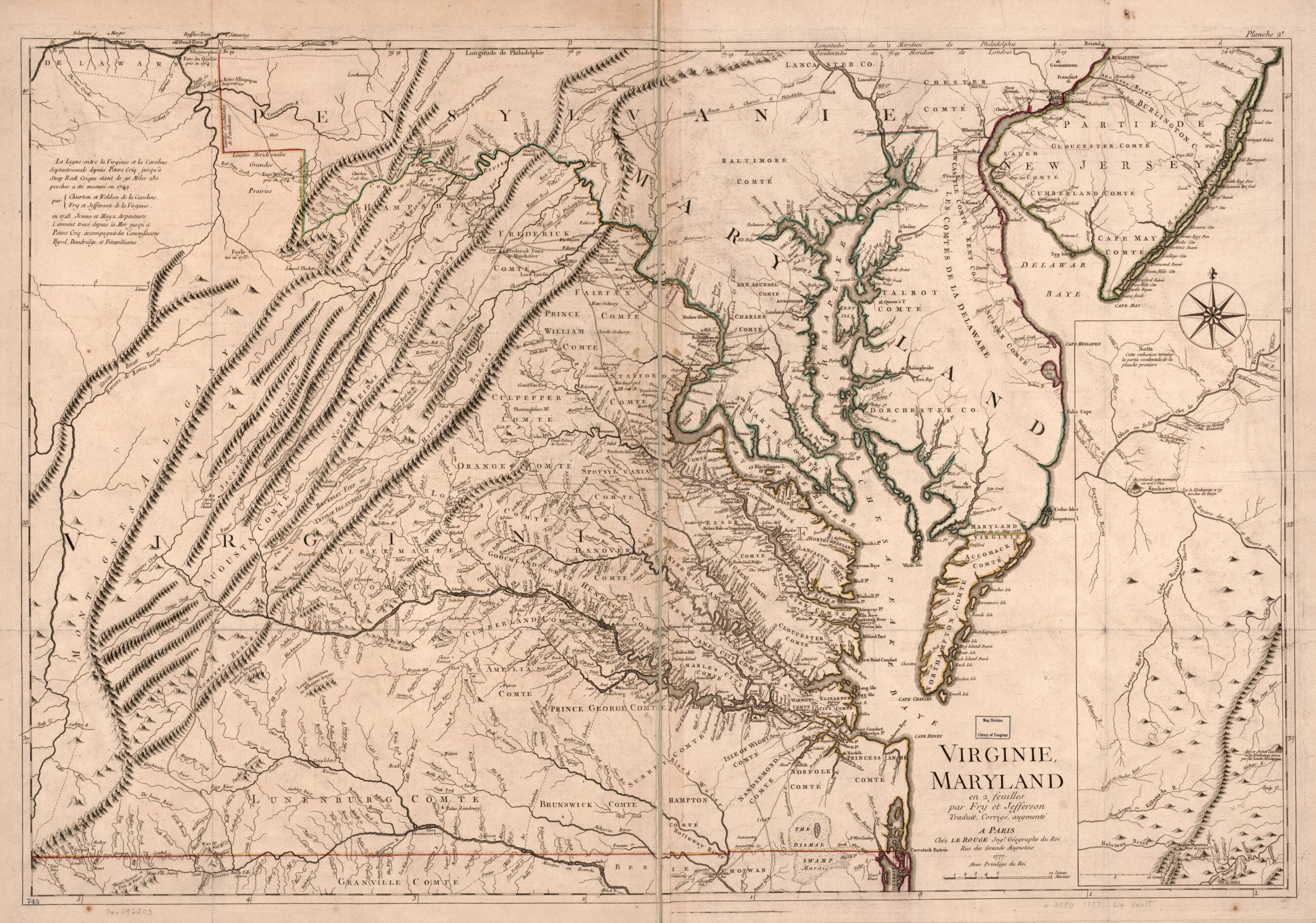 This old map of Virginie, Maryland En 2 Feuilles Par Fry Et Jefferson from 1777 was created by Joshua Fry, Peter Jefferson, Louis in 1777