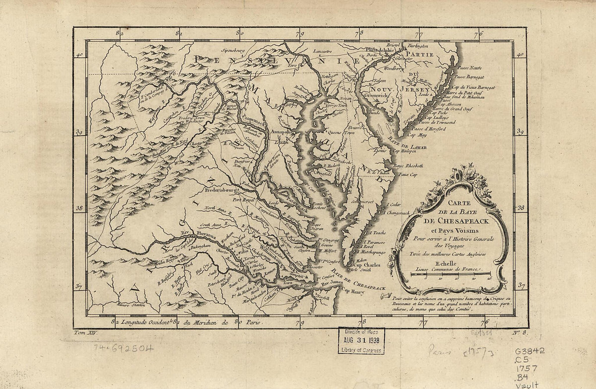 Carte De La Baye De Chesapeack Et Pays Voisins 1757 by Relic Map Company