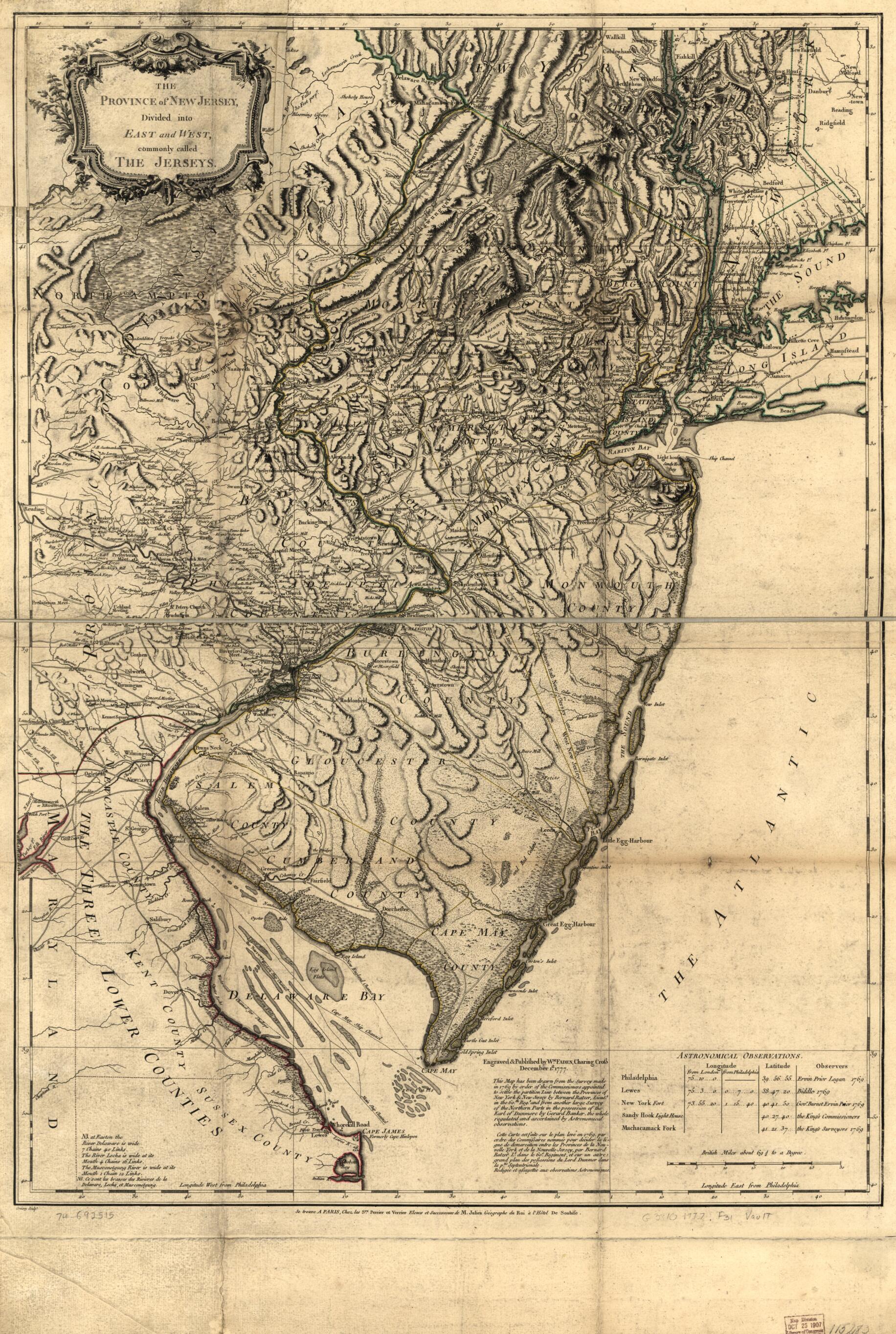 This old map of The Province of New Jersey, Divided Into East and West, Commonly Called the Jerseys from 1777 was created by Gerard Bancker, P. Croisey, William Faden, Perrier Et Verrier, Bernard Ratzer in 1777
