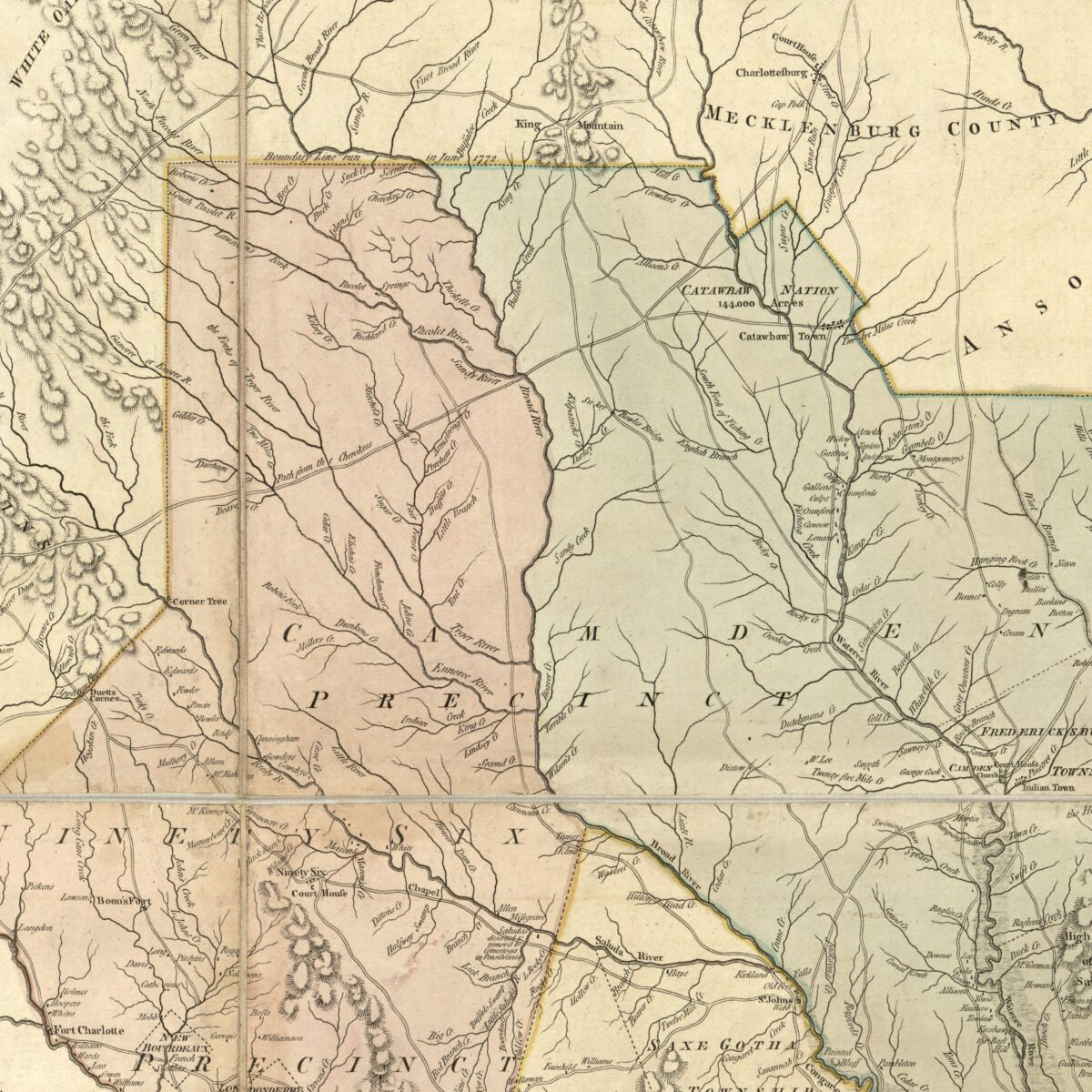 This old map of An Accurate Map of North and South Carolina With Their Indian Frontiers, Shewing In a Distinct Manner All the Mountains, Rivers, Swamps, Marshes, Bays, Creeks, Harbours, Sandbanks and Soundings On the Coasts; With the Roads and Indian Pat
