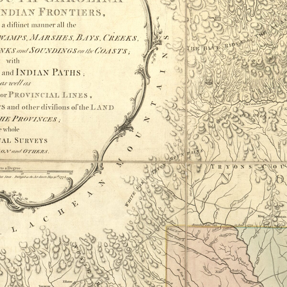 This old map of An Accurate Map of North and South Carolina With Their Indian Frontiers, Shewing In a Distinct Manner All the Mountains, Rivers, Swamps, Marshes, Bays, Creeks, Harbours, Sandbanks and Soundings On the Coasts; With the Roads and Indian Pat
