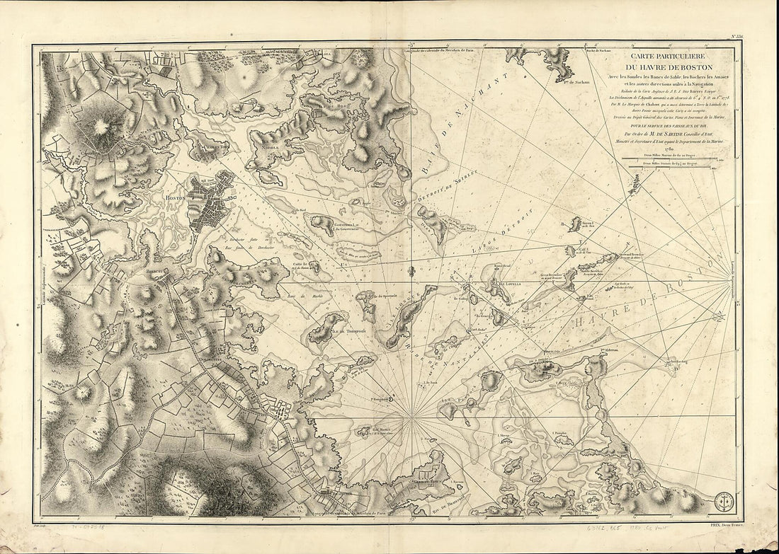 This old map of Carte Particulière Du Havre De Boston Avec Les Sondes Les Bancs De Sable, Les Rochers Les Amaies Et Les Autres Directions Utiles à La Navigation from 1780 was created by Joseph Bernard Chabert, Joseph F. W. (Joseph Frederick Wallet) Des