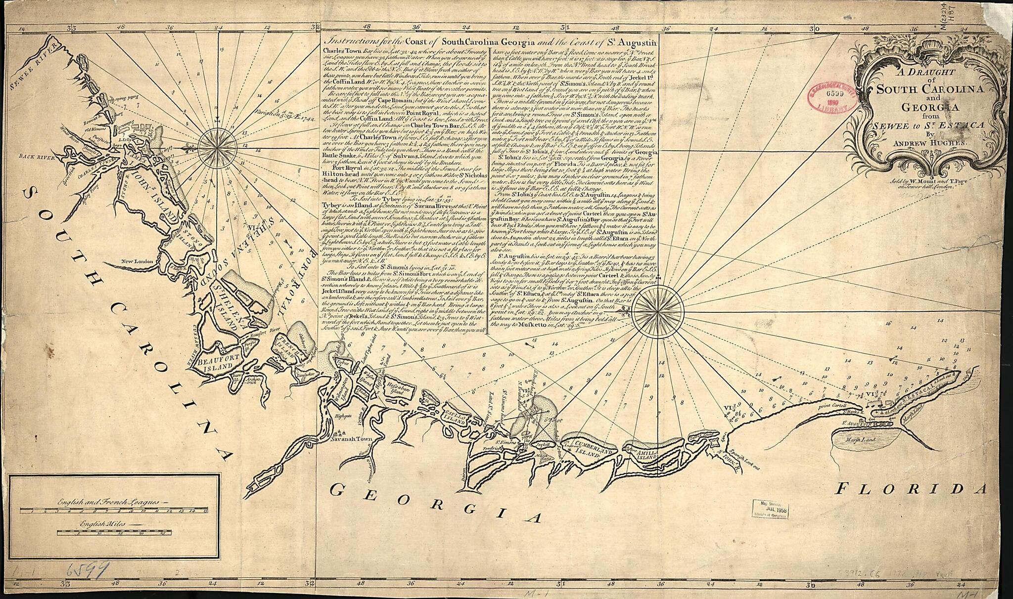 This old map of A Draught of South Carolina and Georgia from Sewee to St. Estaca from 1778 was created by Andrew Hughes, W. Mount and T. Page in 1778