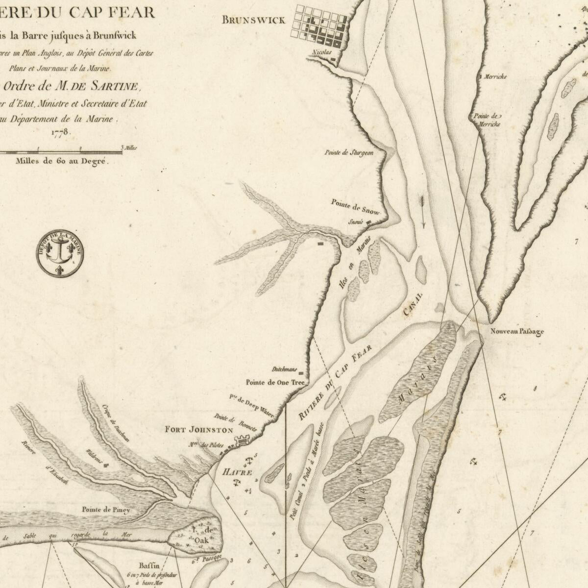 This old map of Plan De La Rivière Du Cap Fear Depuis La Barre Jusques à Brunswick from 1780 was created by  France. Dépôt Des Cartes Et Plans De La Marine,  Petit, Antoine De Sartine in 1780
