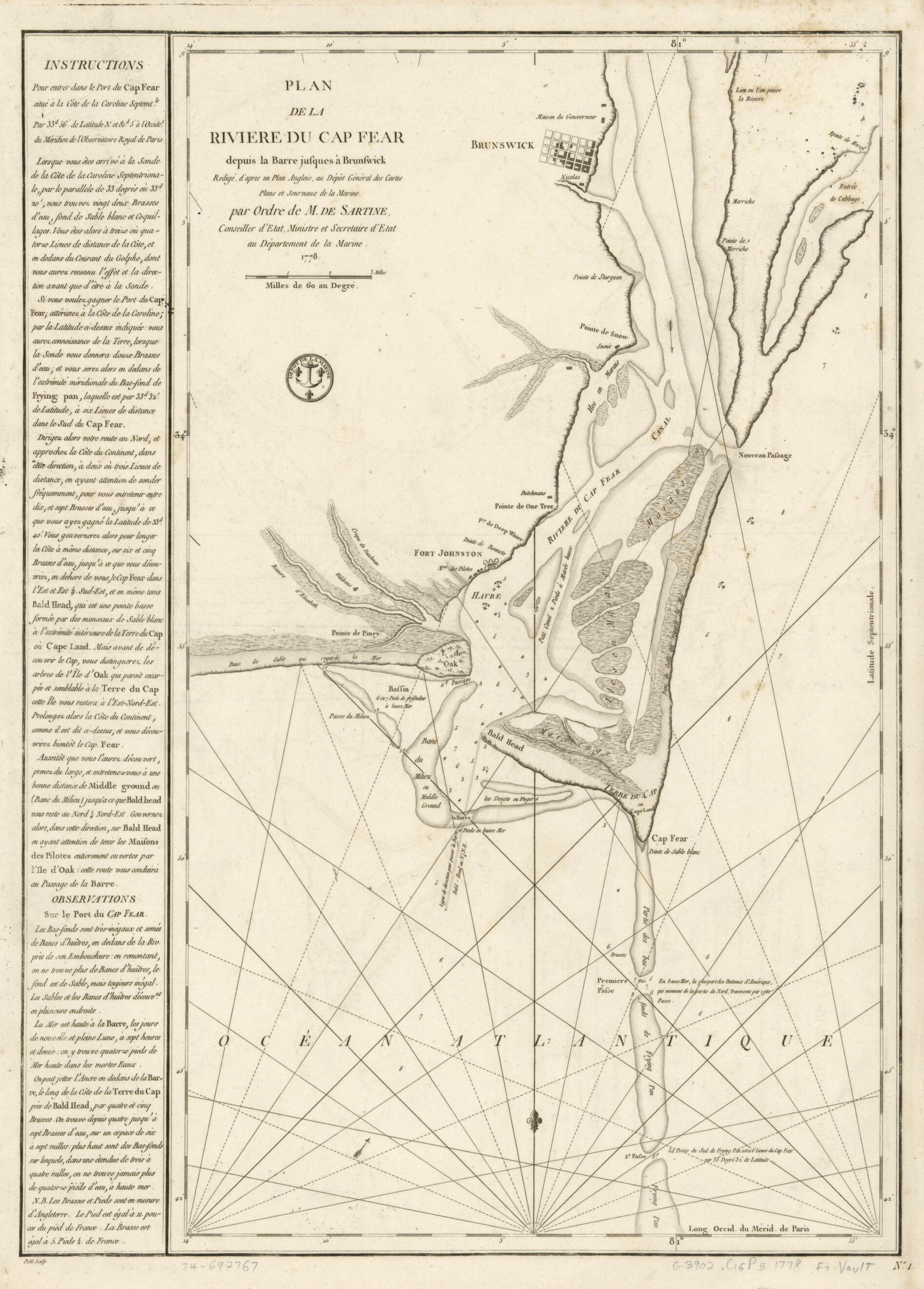 This old map of Plan De La Rivière Du Cap Fear Depuis La Barre Jusques à Brunswick from 1780 was created by France. Dépôt Des Cartes Et Plans De La Marine, Petit, Antoine De Sartine in 1780