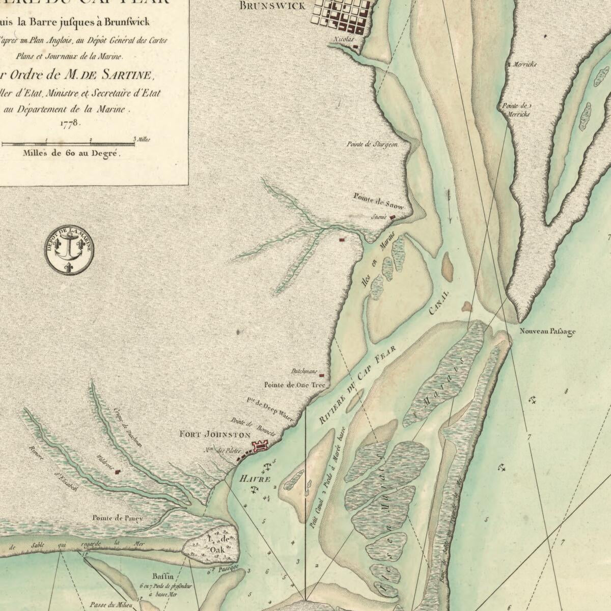 This old map of Plan De La Rivière Du Cap Fear Depuis La Barre Jusques à Brunswick from 1778 was created by  France. Dépôt Des Cartes Et Plans De La Marine,  Petit, Antoine De Sartine in 1778