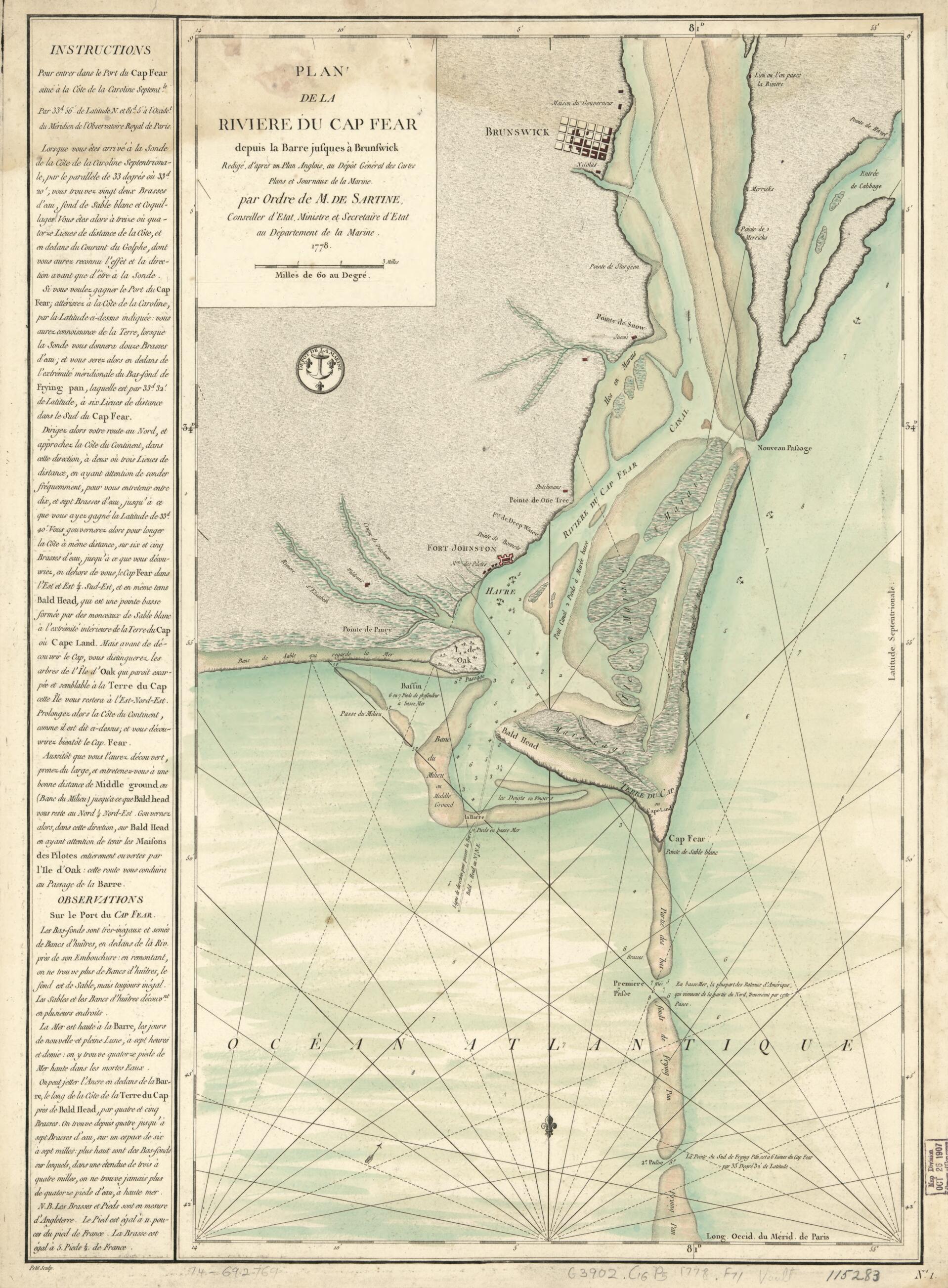 This old map of Plan De La Rivière Du Cap Fear Depuis La Barre Jusques à Brunswick from 1778 was created by France. Dépôt Des Cartes Et Plans De La Marine, Petit, Antoine De Sartine in 1778