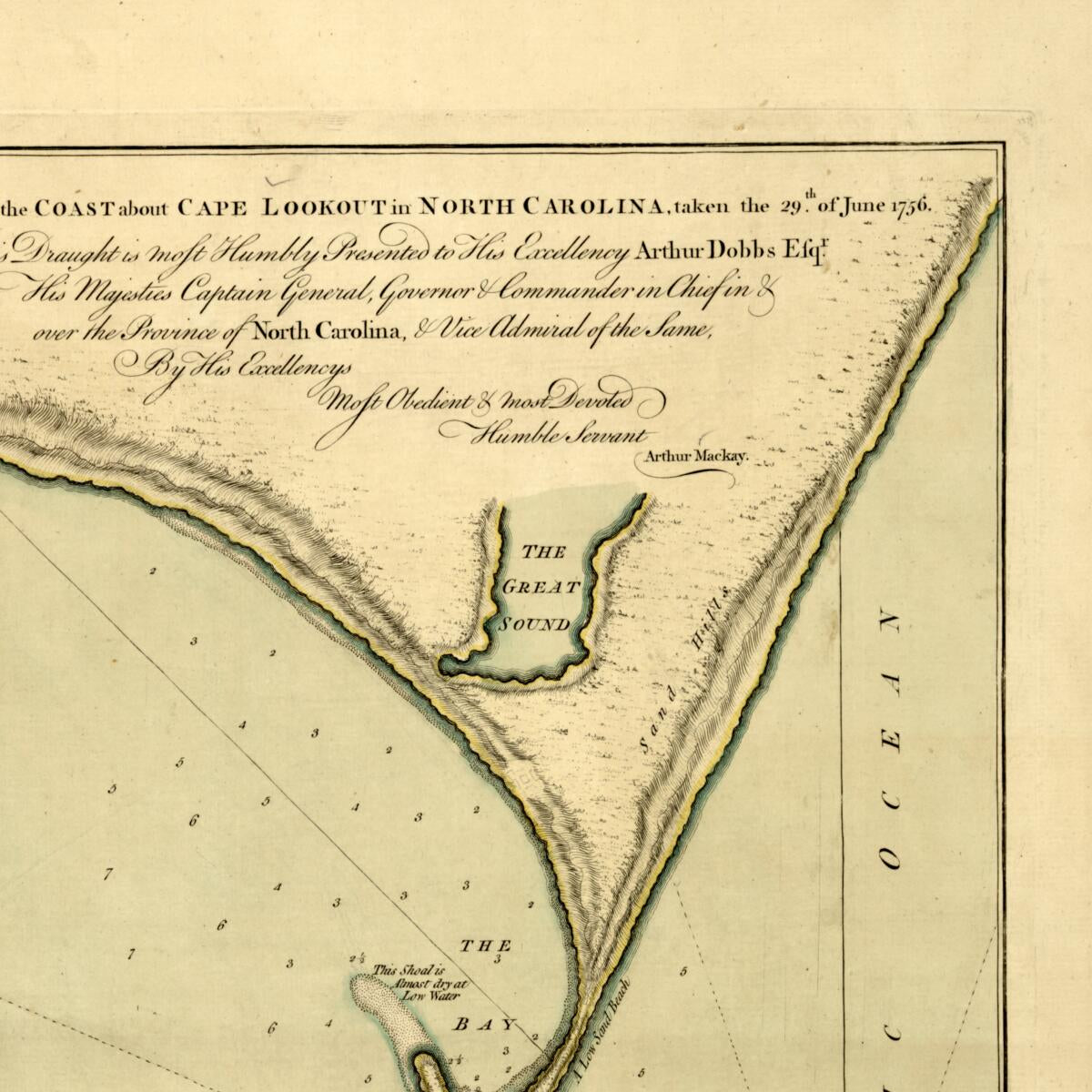 This old map of A Survey of the Coast About Cape Lookout In North Carolina, Taken the 29th of June,from 1756 was created by Arthur Mackay in 1756