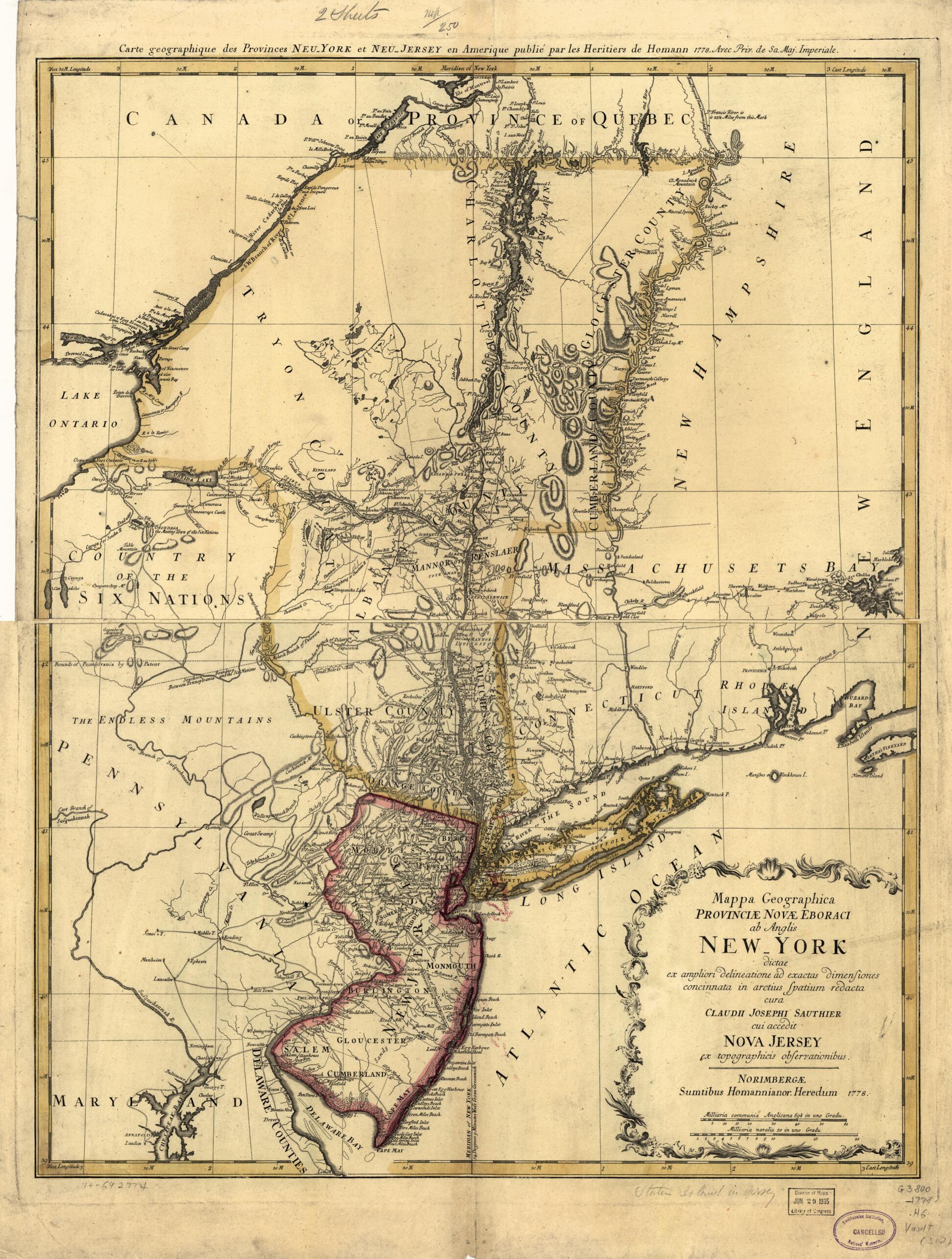 This old map of York Dictæ Ex Ampliori Delineatione Ad Exactas Dimensiones Concinnata In Arctius Spatium Redacta Cura Claudii Josephi Sauthier Cui Accedit Nova Jersey Ex Topographicis Observationibus from 1778 was created by Homann Erben (Firm), Claude