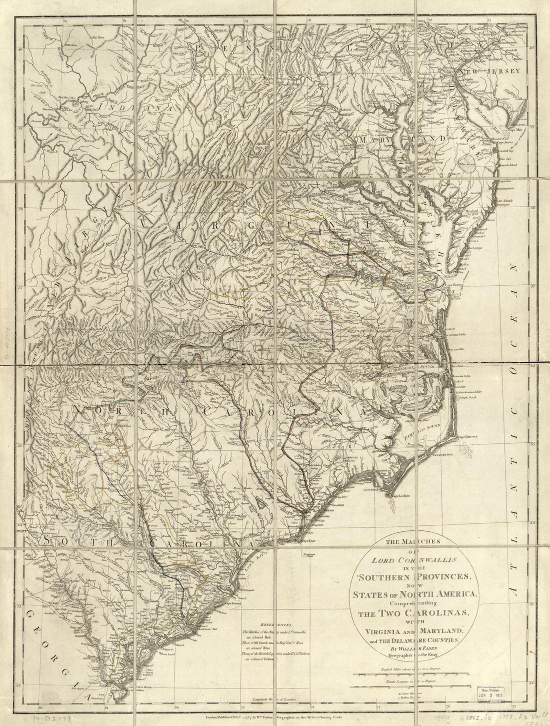 This old map of The Marches of Lord Cornwallis In the Southern Provinces, Now States of North America; Comprehending the Two Carolinas, With Virginia and Maryland, and the Delaware Counties from 1787 was created by Charles Cornwallis Cornwallis, William