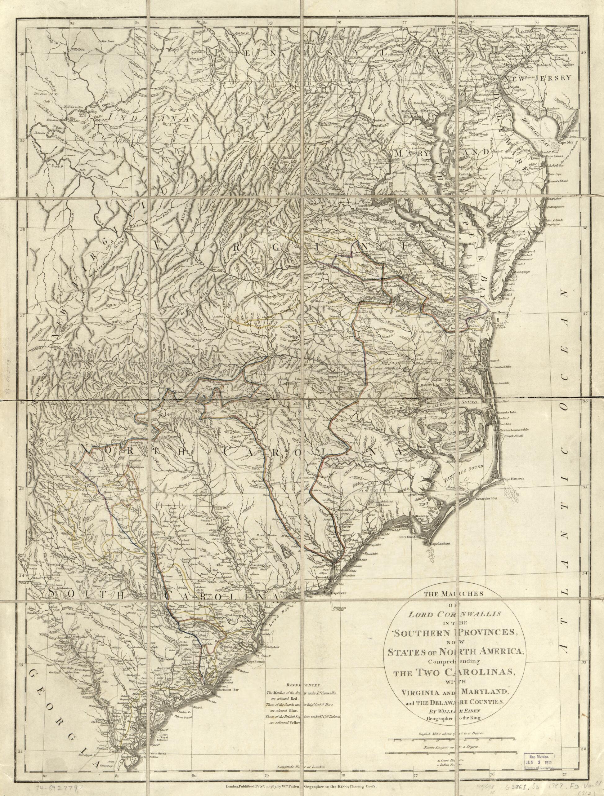 This old map of The Marches of Lord Cornwallis In the Southern Provinces, Now States of North America; Comprehending the Two Carolinas, With Virginia and Maryland, and the Delaware Counties from 1787 was created by Charles Cornwallis Cornwallis, William