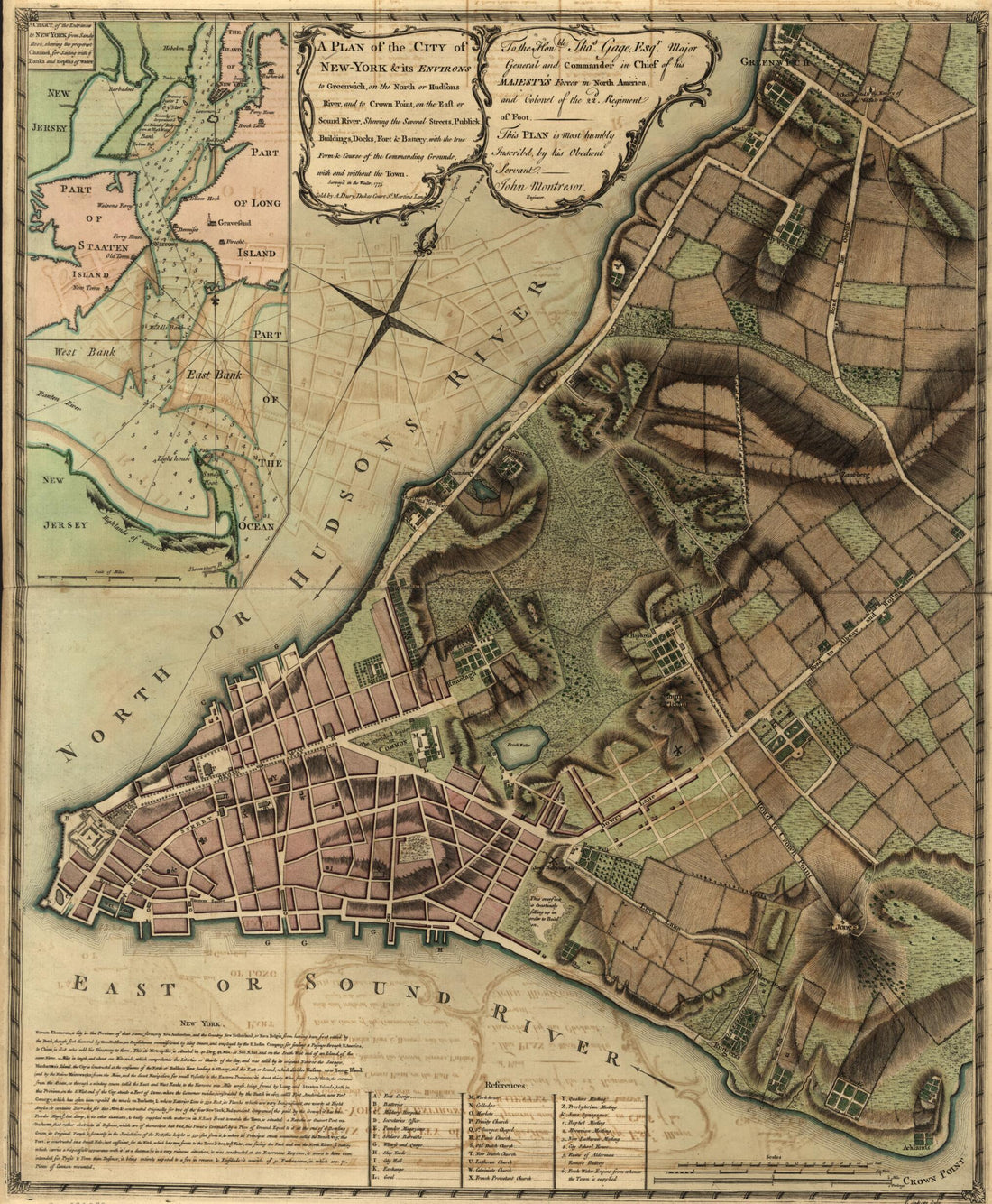 This old map of York & Its Environs to Greenwich, On the North Or Hudsons River, and to Crown Point, On the East Or Sound River, Shewing the Several Streets, Publick Buildings, Docks, Fort & Battery, With the True Form & Course of the Commanding Grounds,