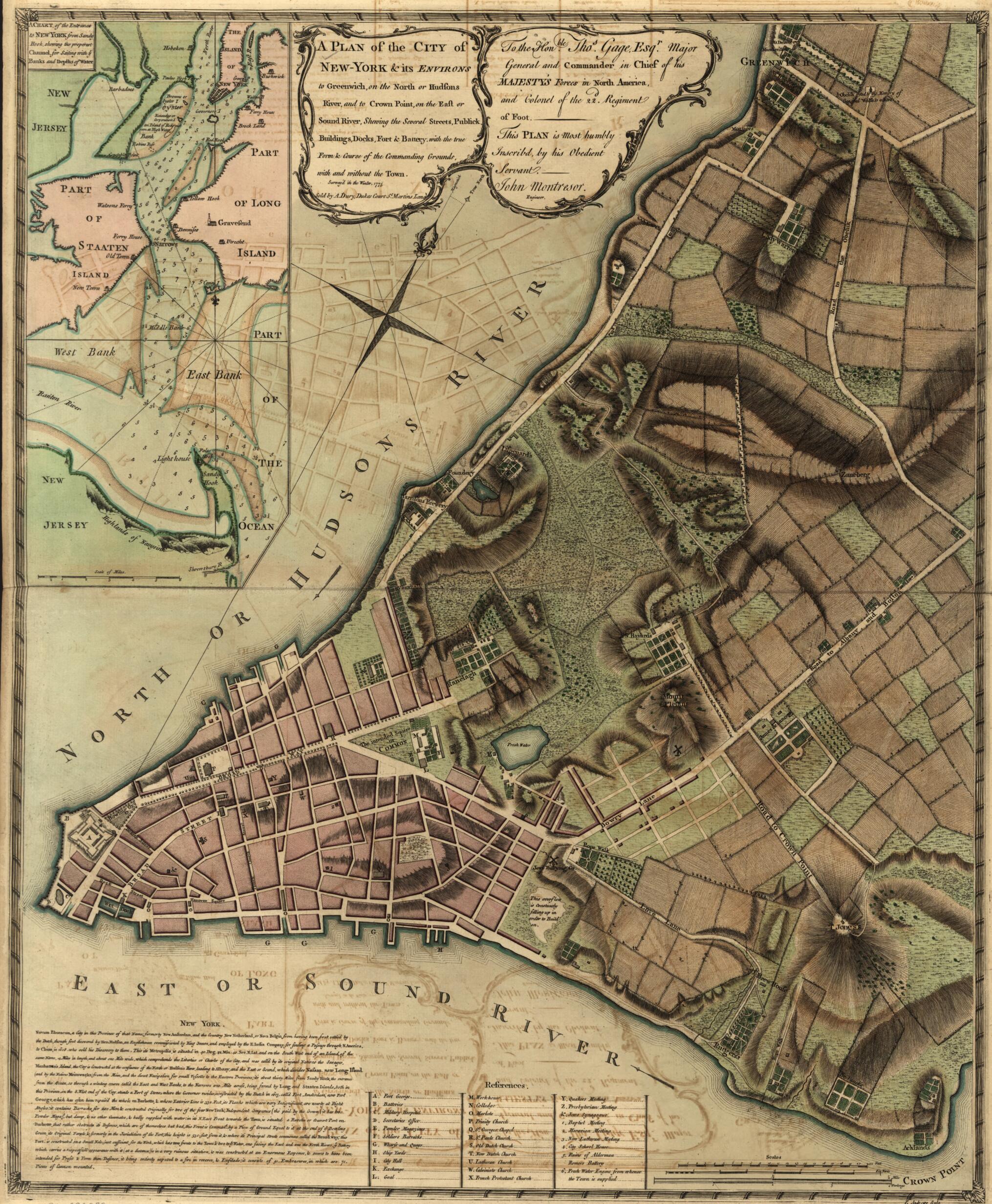 This old map of York & Its Environs to Greenwich, On the North Or Hudsons River, and to Crown Point, On the East Or Sound River, Shewing the Several Streets, Publick Buildings, Docks, Fort & Battery, With the True Form & Course of the Commanding Grounds,