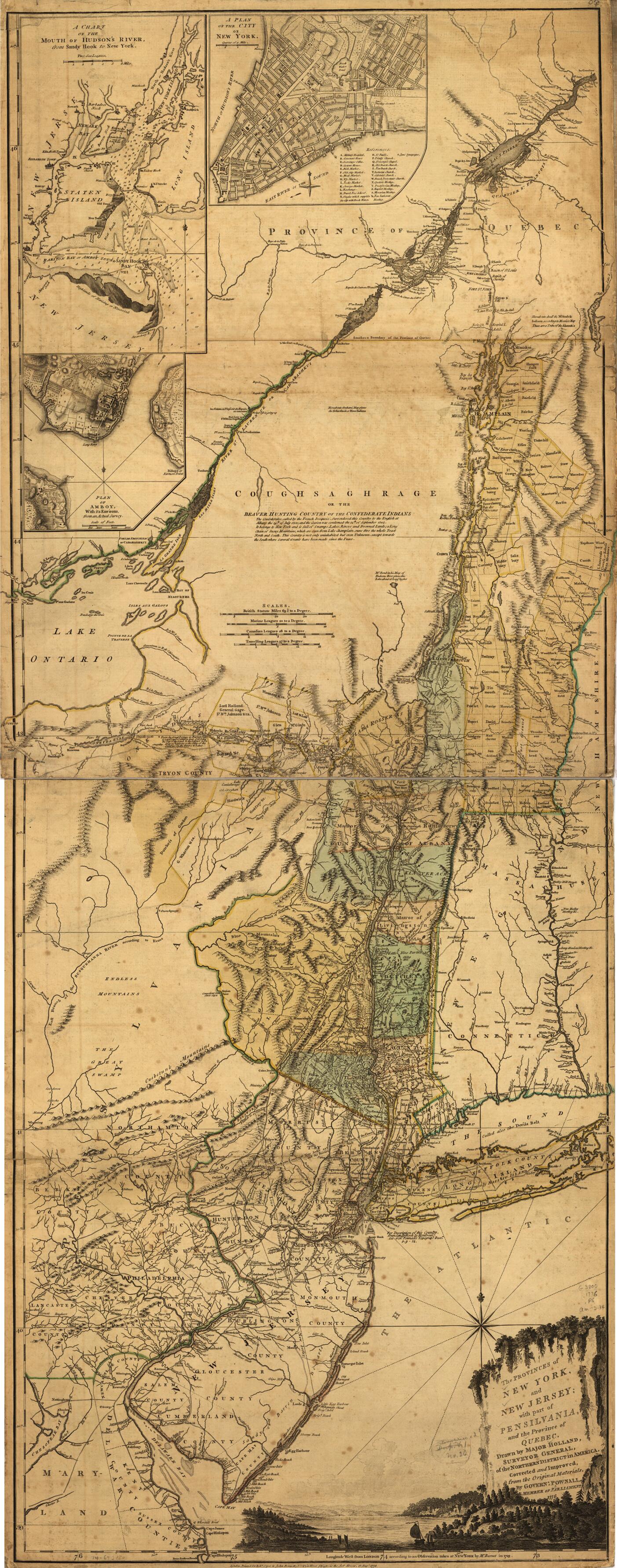 This old map of The Provinces of New York and New Jersey; With Part of Pensilvania, and the Province of Quebec from 1776 was created by Samuel Holland, Thomas Pownall, Robert Sayer and John Bennett (Firm) in 1776