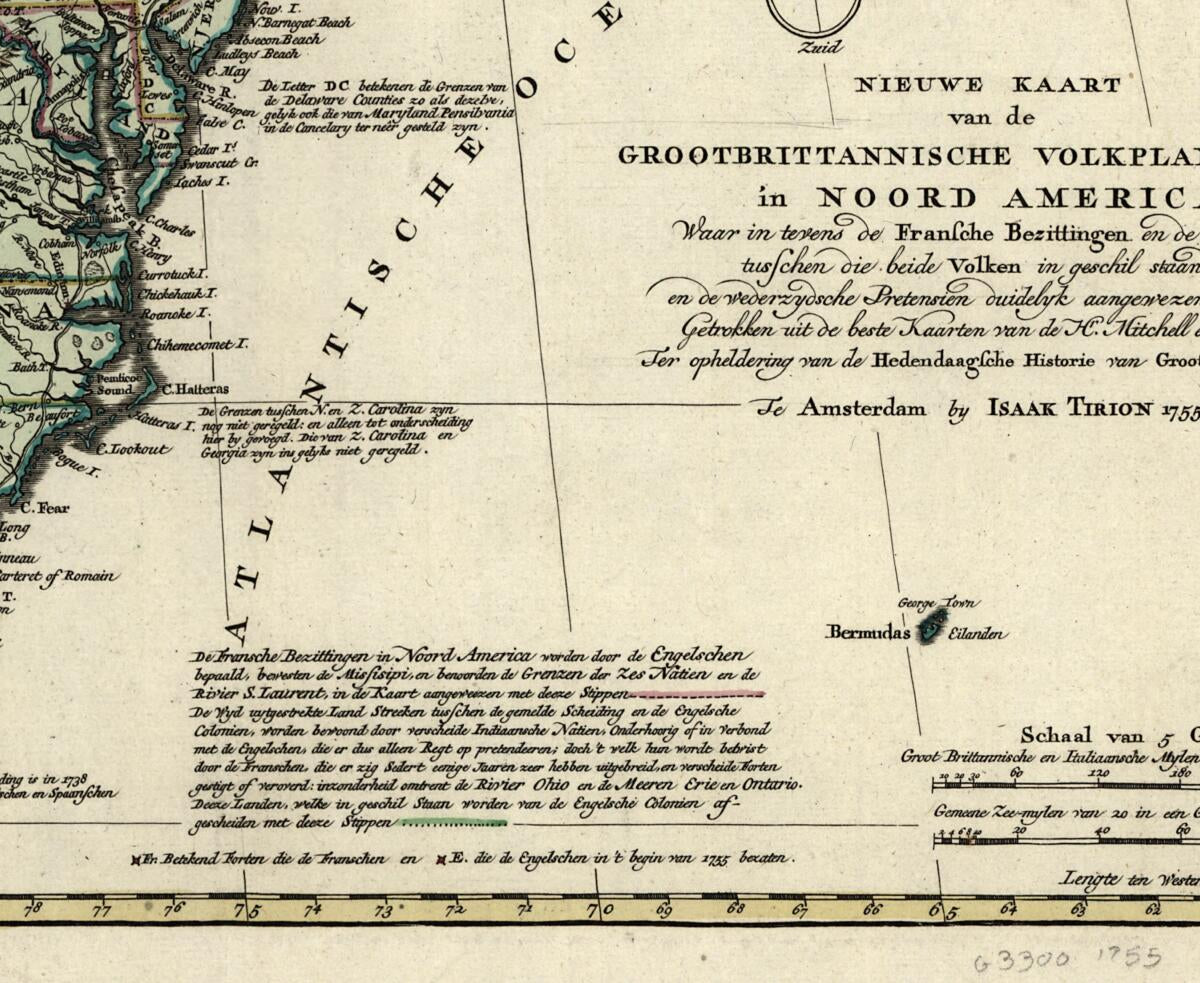This old map of Nieuwe Kaart Van De Grootbrittannische Volkplantingen In Noord America Waar In Tevens De Fransche Bezittingen En De Landen, Tusschen Die Beide Volken In Geschil Staande En De Wederzydsche Pretensien Duidelyk Aangewezen Worden from 1755 wa