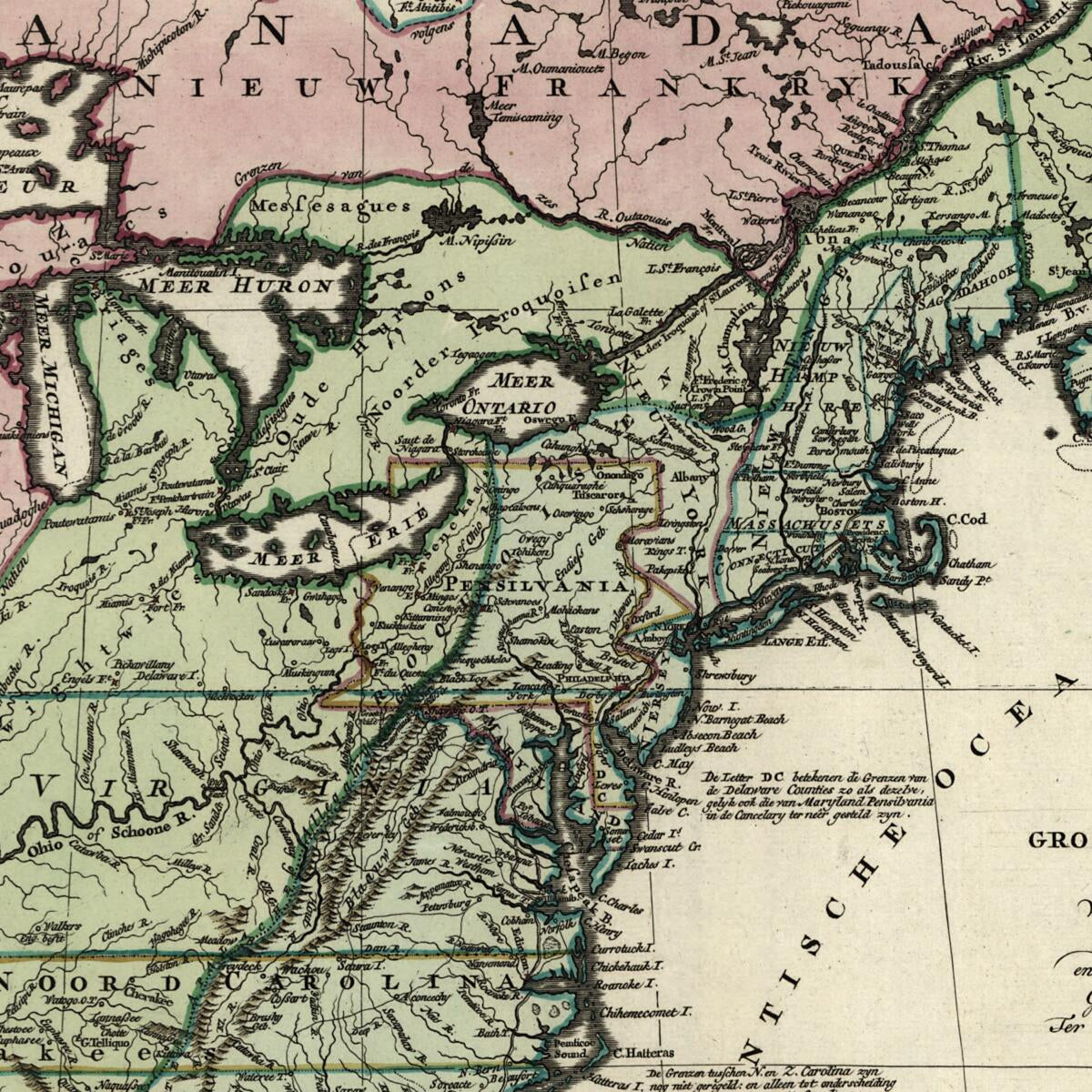 This old map of Nieuwe Kaart Van De Grootbrittannische Volkplantingen In Noord America Waar In Tevens De Fransche Bezittingen En De Landen, Tusschen Die Beide Volken In Geschil Staande En De Wederzydsche Pretensien Duidelyk Aangewezen Worden from 1755 wa