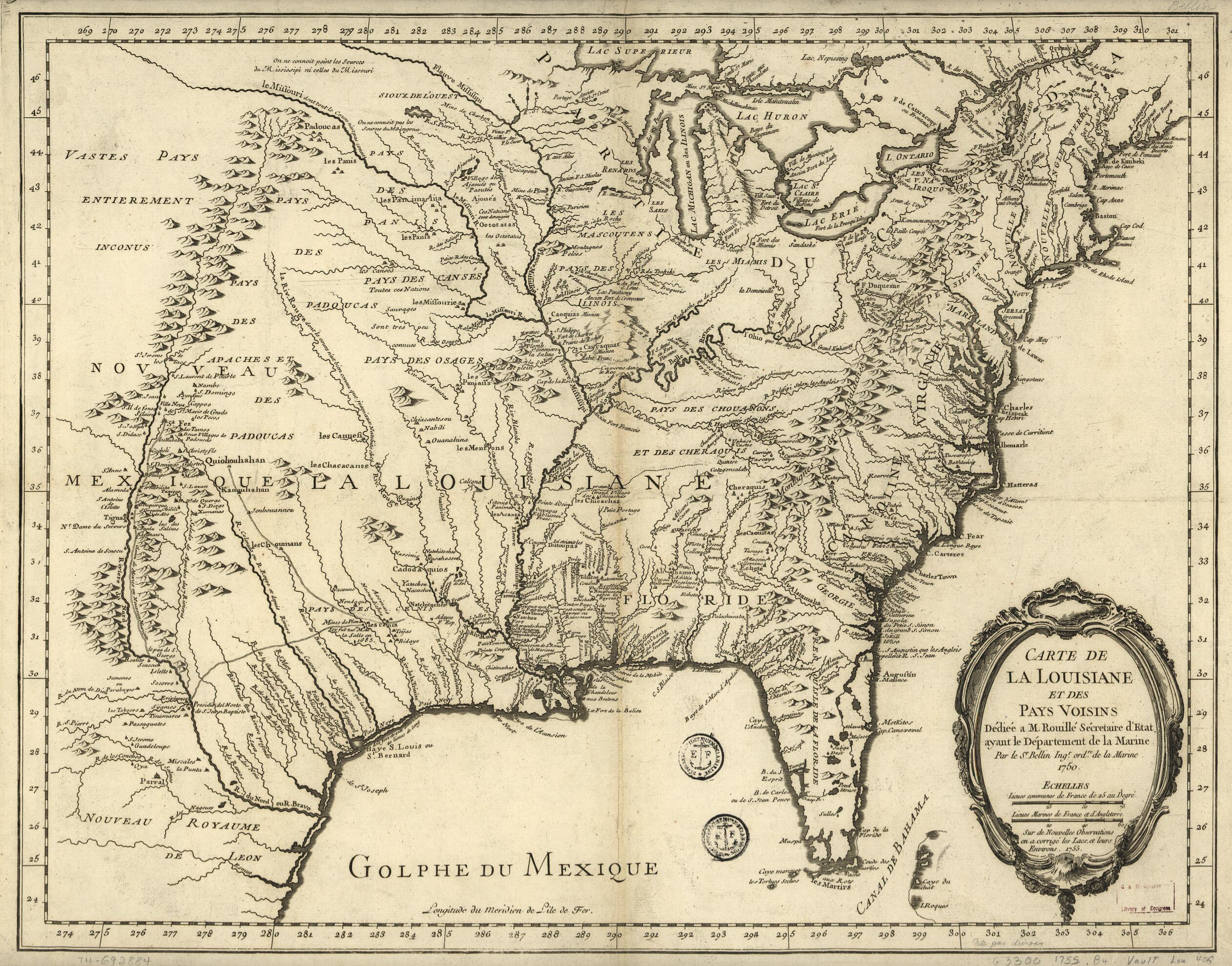 This old map of Carte De La Louisiane Et Des Pays Voisins, Dédiée à M. Rouillé, Sécretaire D&