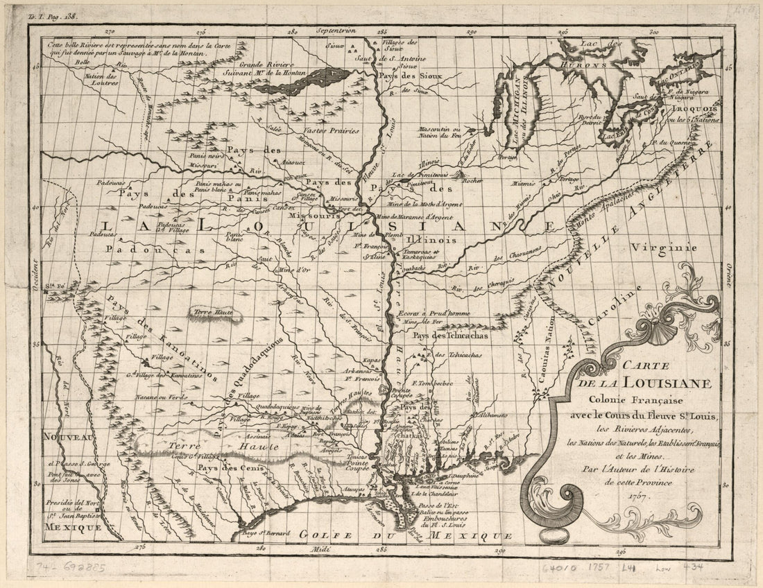 This old map of Carte De La Louisiane Colonie Française Avec Le Cours Du Fleuve St. Louis, Les Rivières Adjacentes, Les Nations Des Naturels, Les Etablissems. Français Et Les Mines from 1758 was created by Le Page Du Pratz in 1758