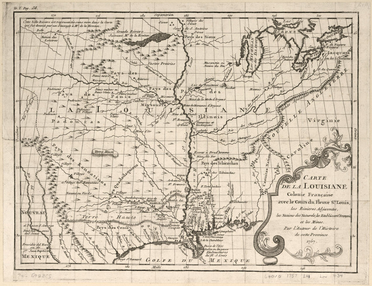 Carte De La Louisiane Colonie Française Avec Le Cours Du Fleuve St. Louis, Les Rivières Adjacentes, Les Nations Des Naturels, Les Etablissems. Français Et Les Mines 1758 by Relic Map Company