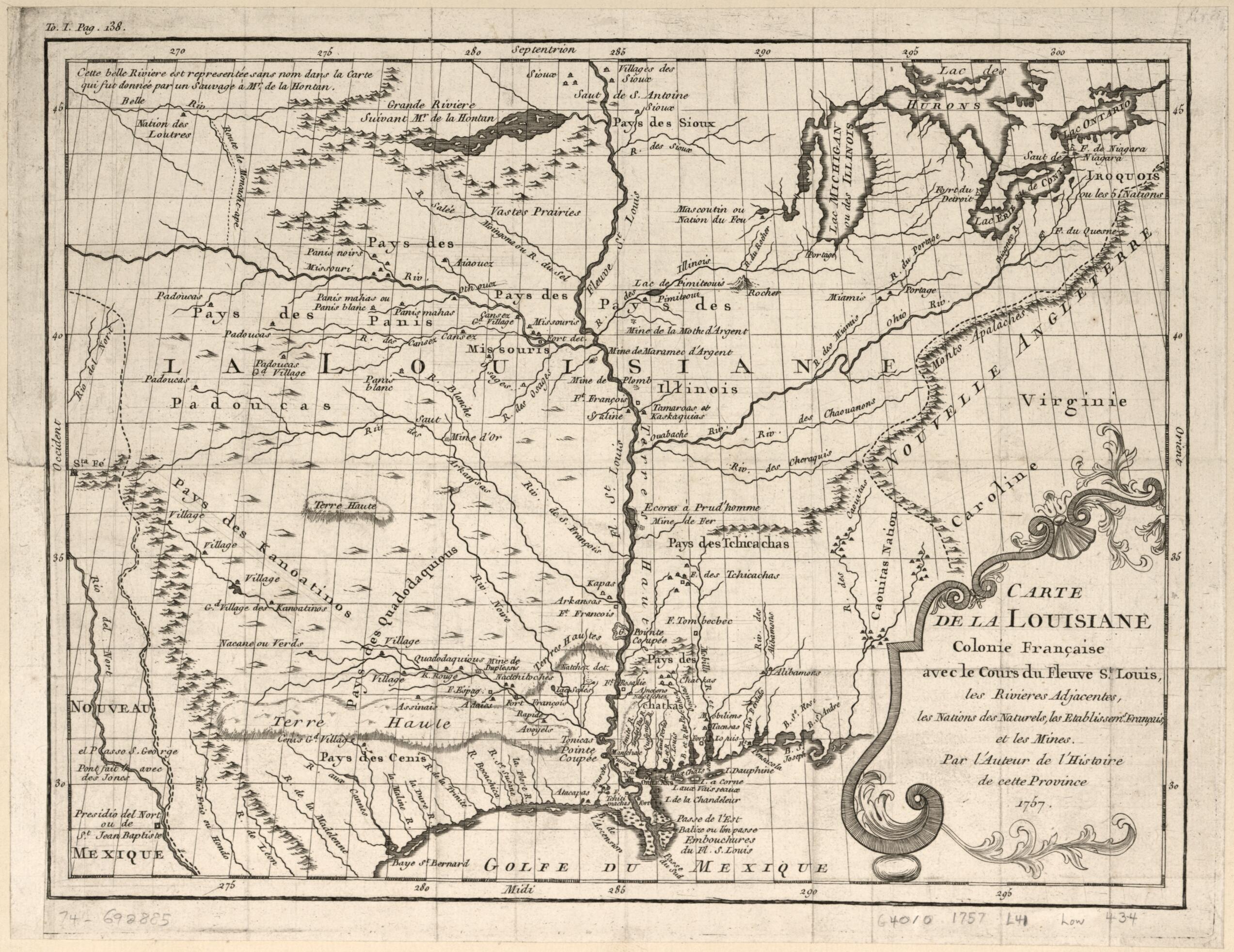 This old map of Carte De La Louisiane Colonie Française Avec Le Cours Du Fleuve St. Louis, Les Rivières Adjacentes, Les Nations Des Naturels, Les Etablissems. Français Et Les Mines from 1758 was created by Le Page Du Pratz in 1758