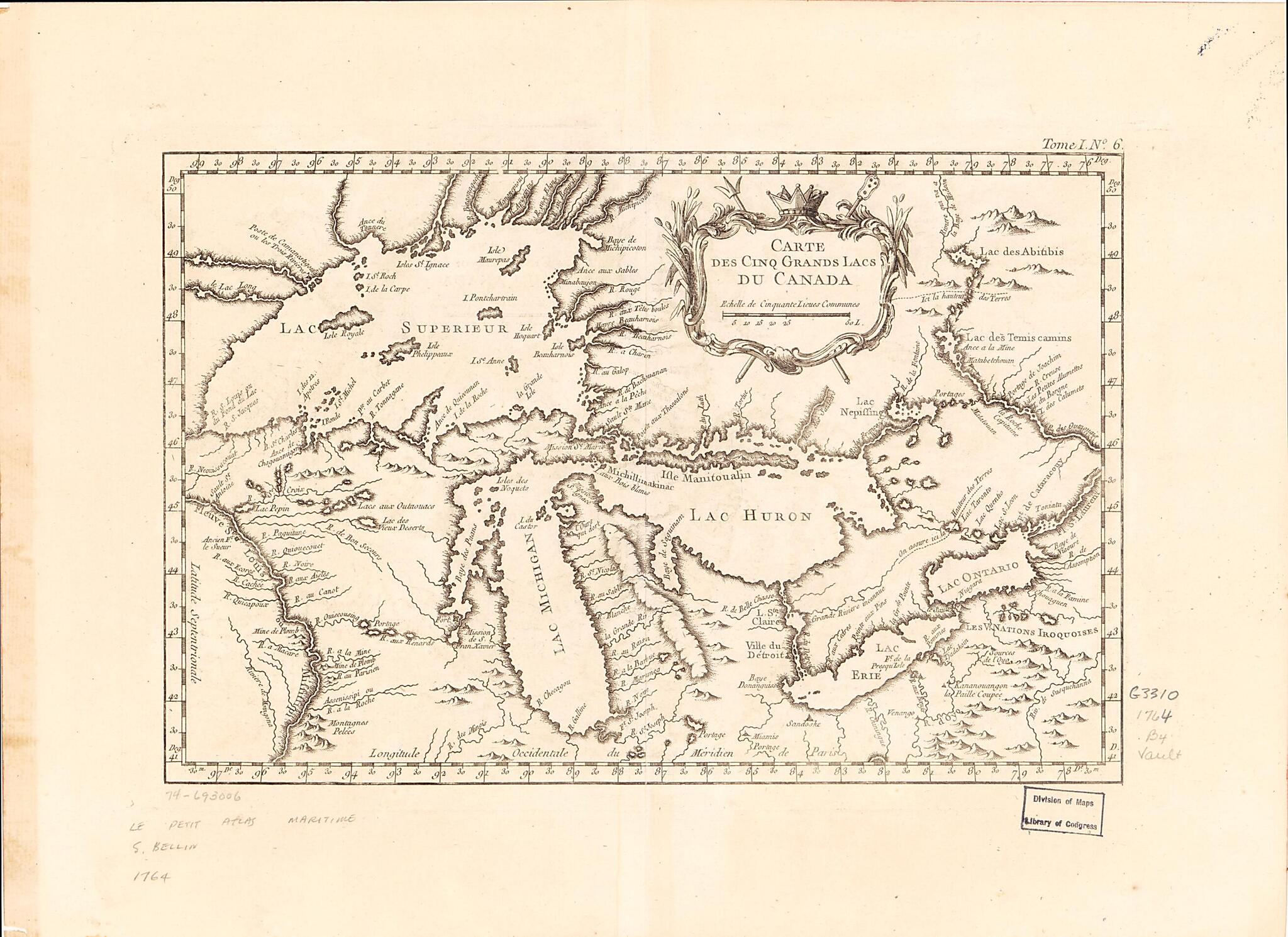 This old map of Carte Des Cinq Grands Lacs Du Canada from 1764 was created by Jacques Nicolas Bellin in 1764
