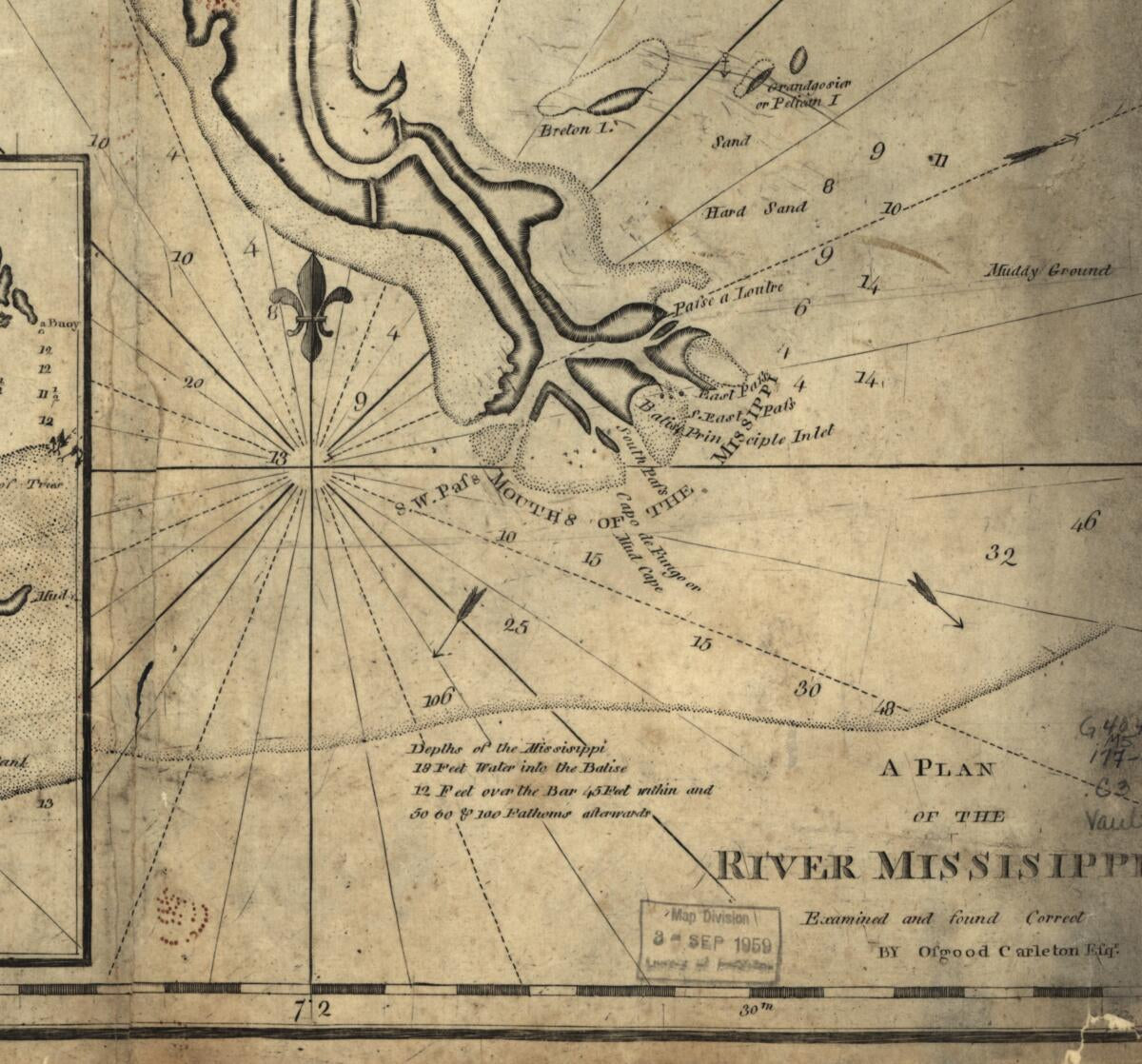 This old map of A Plan of the River Missisippi from 1770 was created by Osgood Carleton in 1770
