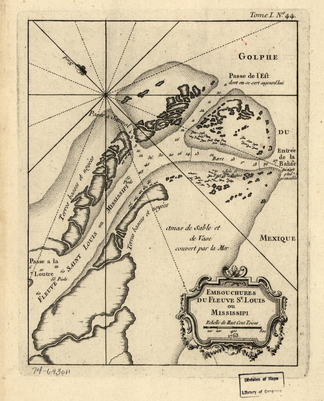 This old map of Embouchures Du Fleuve St. Louis Ou Mississipi. 1763 from 1764 was created by Jacques Nicolas Bellin in 1764