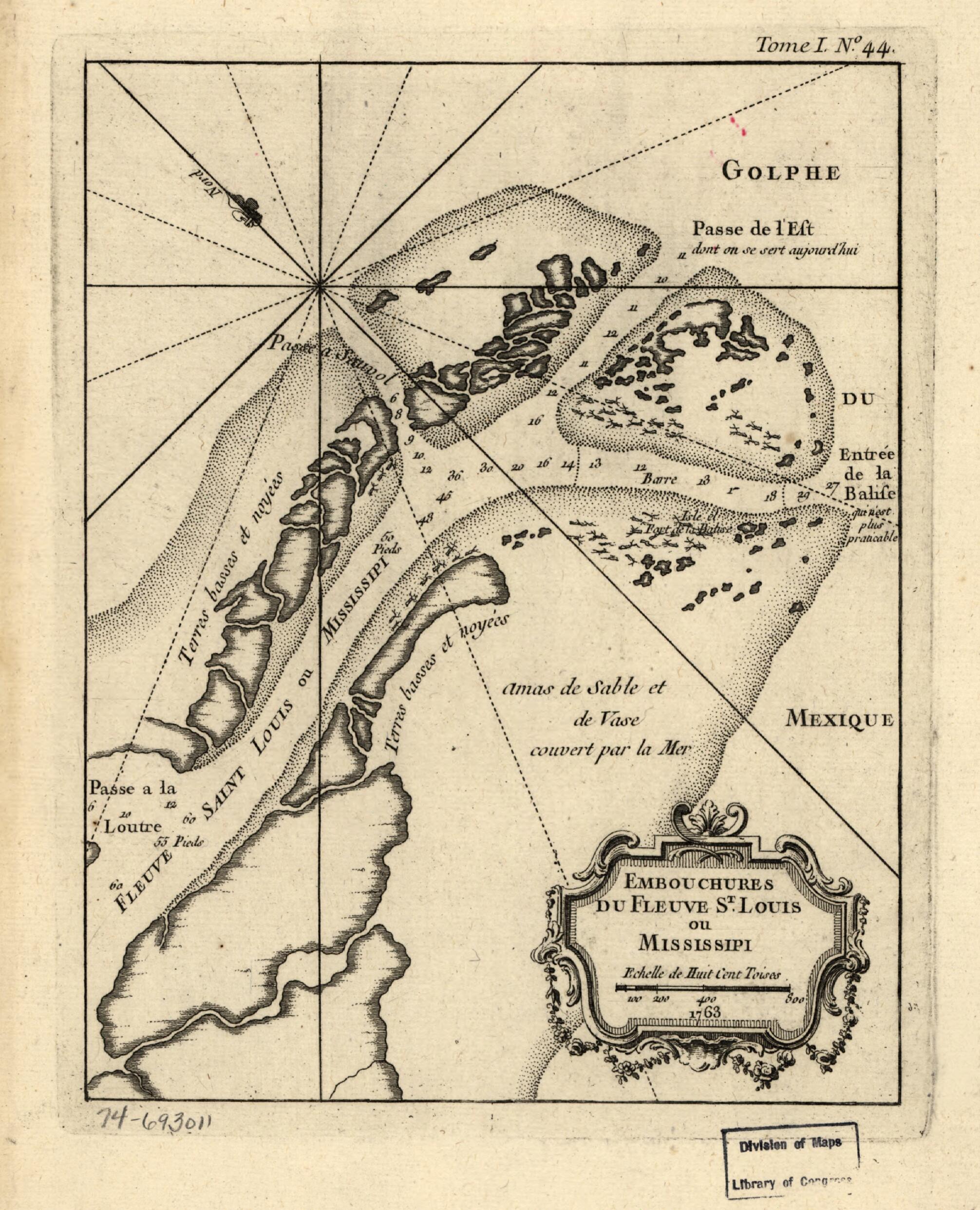 This old map of Embouchures Du Fleuve St. Louis Ou Mississipi. 1763 from 1764 was created by Jacques Nicolas Bellin in 1764