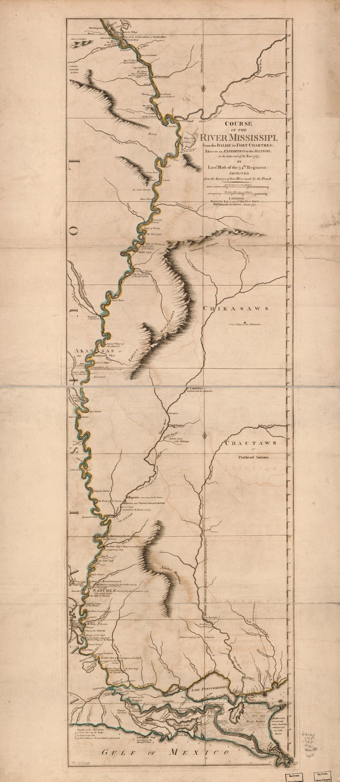 This old map of Course of the River Mississipi from the Balise to Fort Chartres; Taken On an Expedition to the Illinois, In the Latter End of the Year 1765 from 1780 was created by Ross, Robert Sayer in 1780